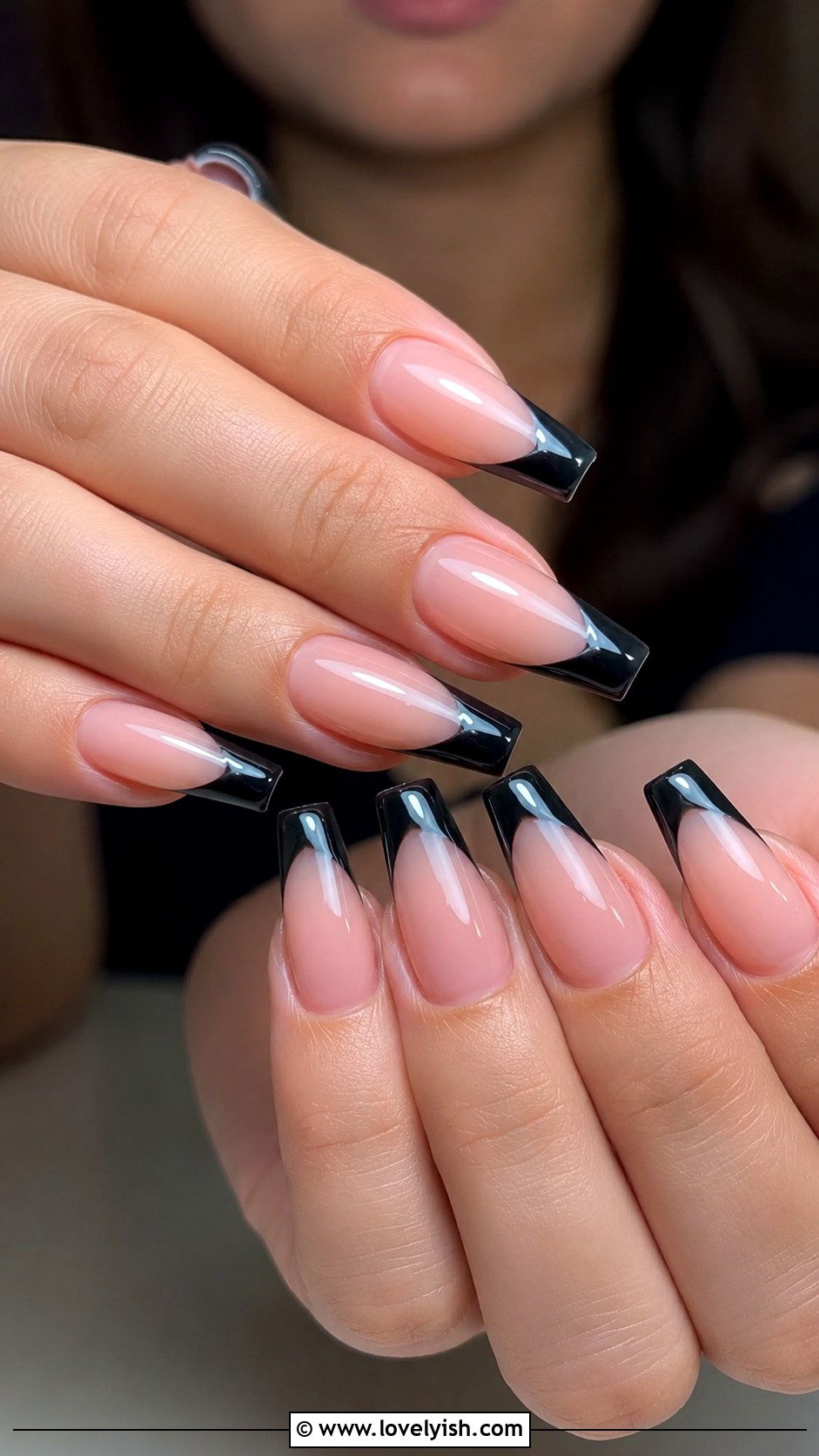 Black French Tip Coffin Nail Extensions - 48 nail extensions - 48 nail extensions