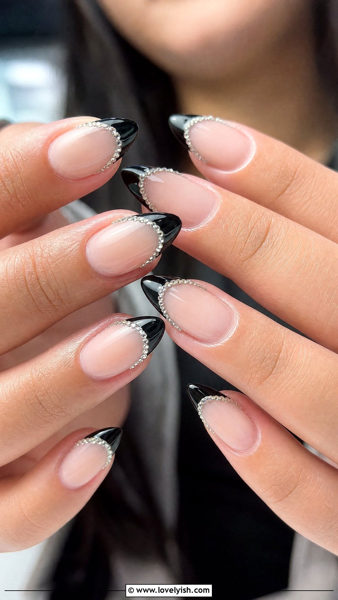 Black French Tip With Diamond Line - 30 nail designs with diamonds