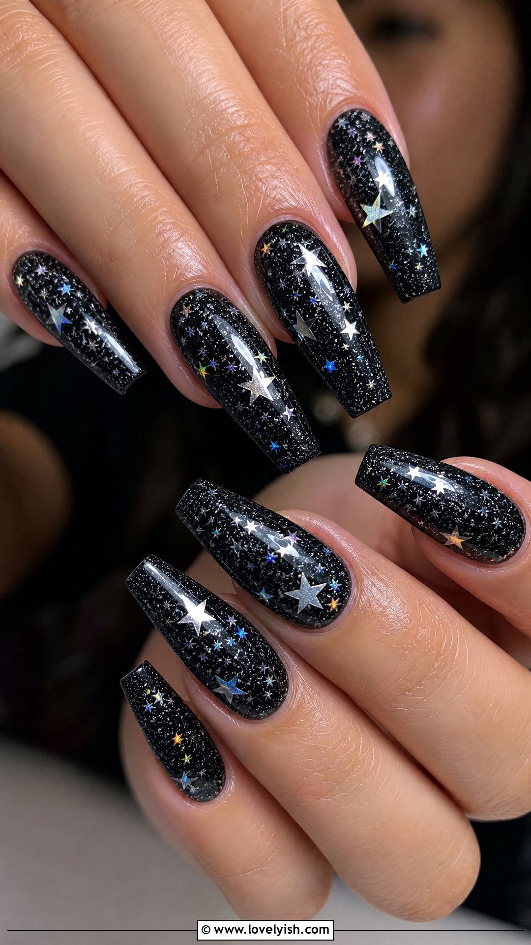 Black Glitter Galaxy Star Nails - 50 star nails - 50 star nails