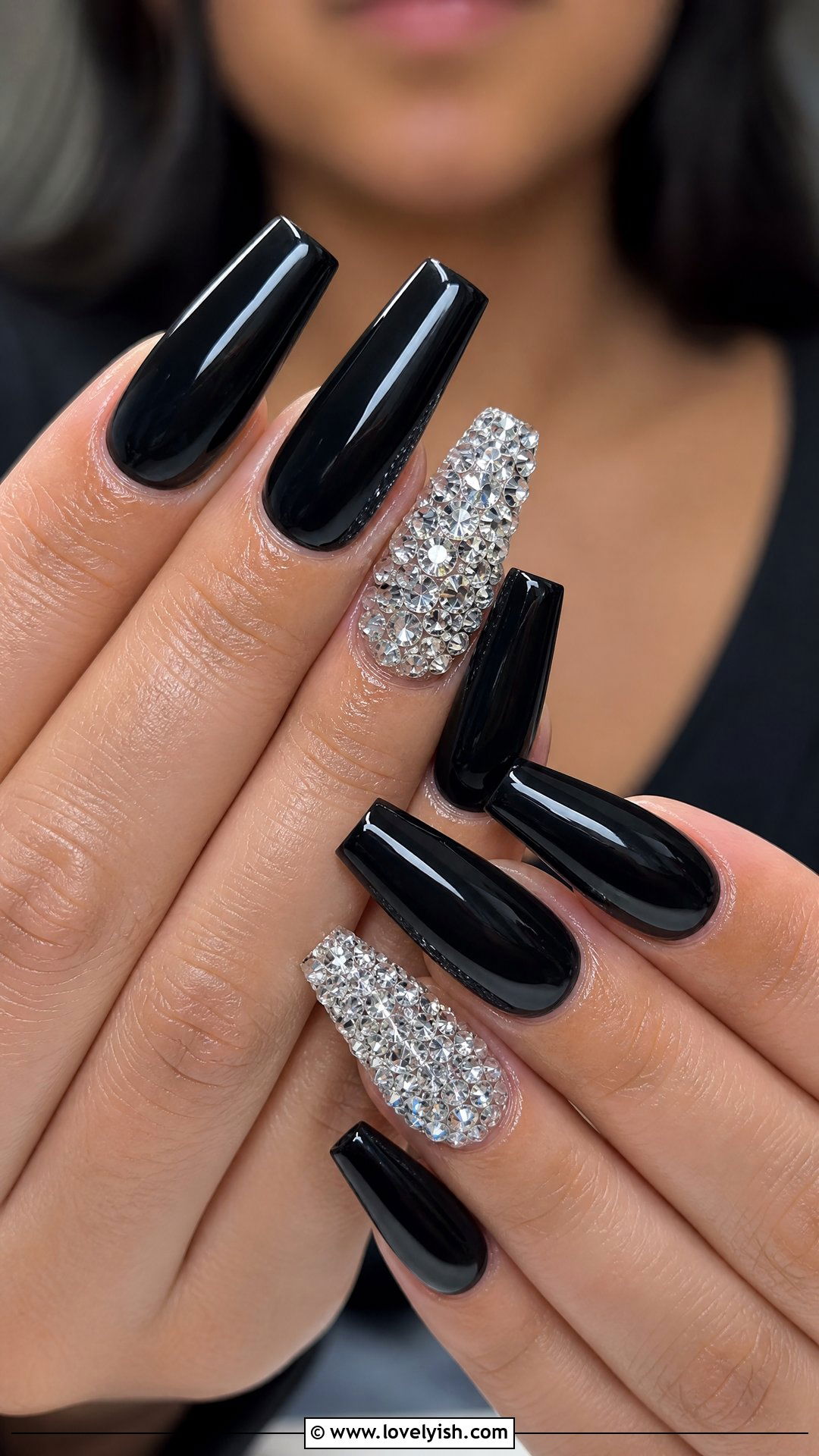 Black Glossy Diamond Accent Nails - 50 diamond nails - 50 diamond nails