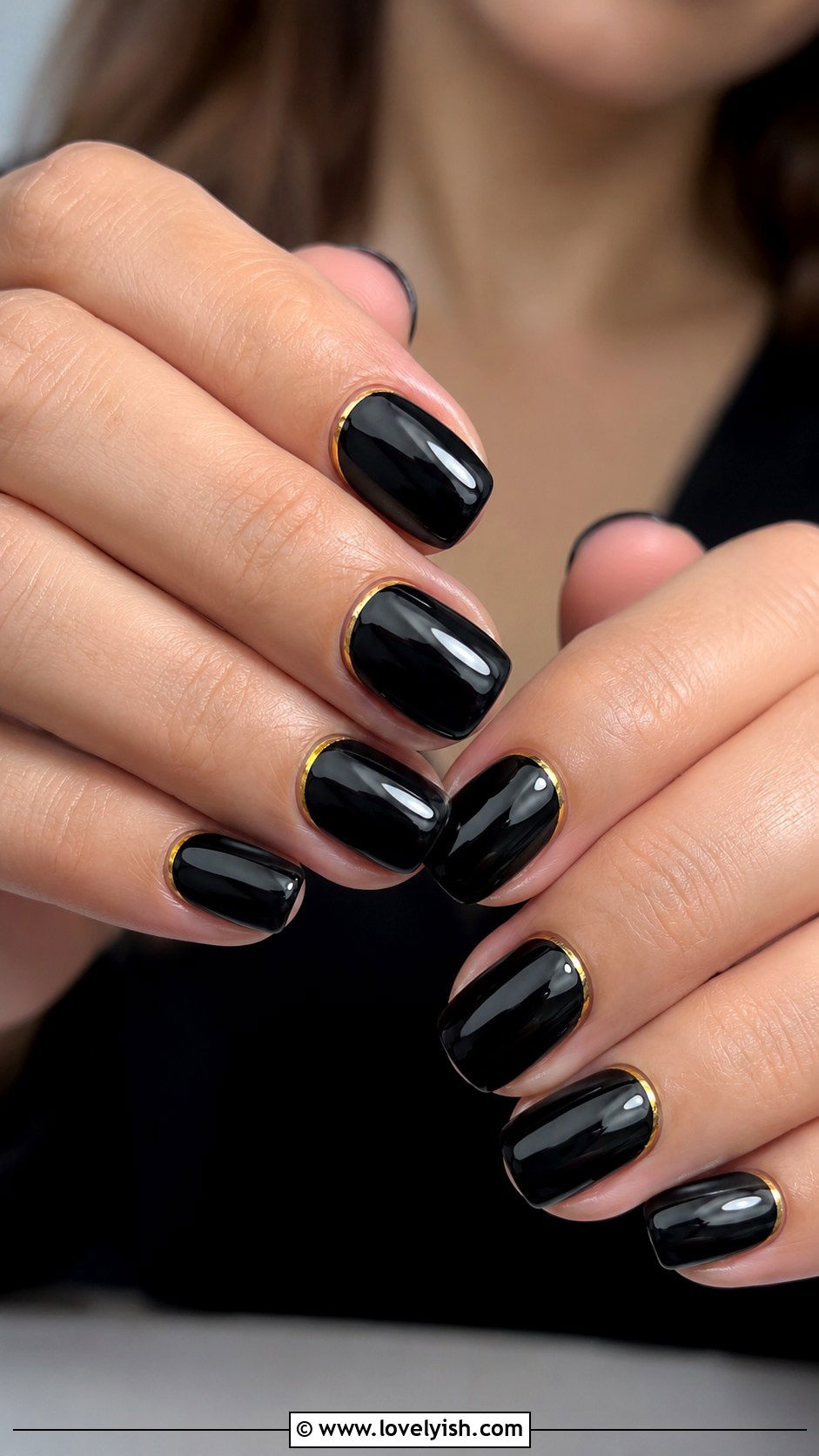 Black Glossy Nails with Gold Cuticle Line - 50 black and gold nail designs - 50 black and gold nail designs