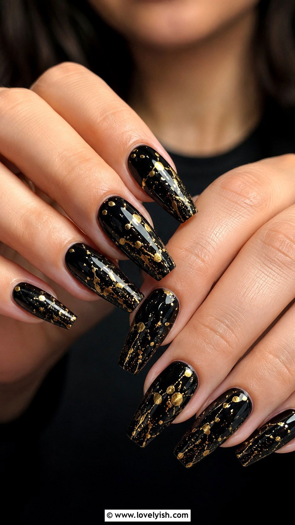 Black Glossy Nails with Gold Splatter - 50 black and gold nail designs - 50 black and gold nail designs