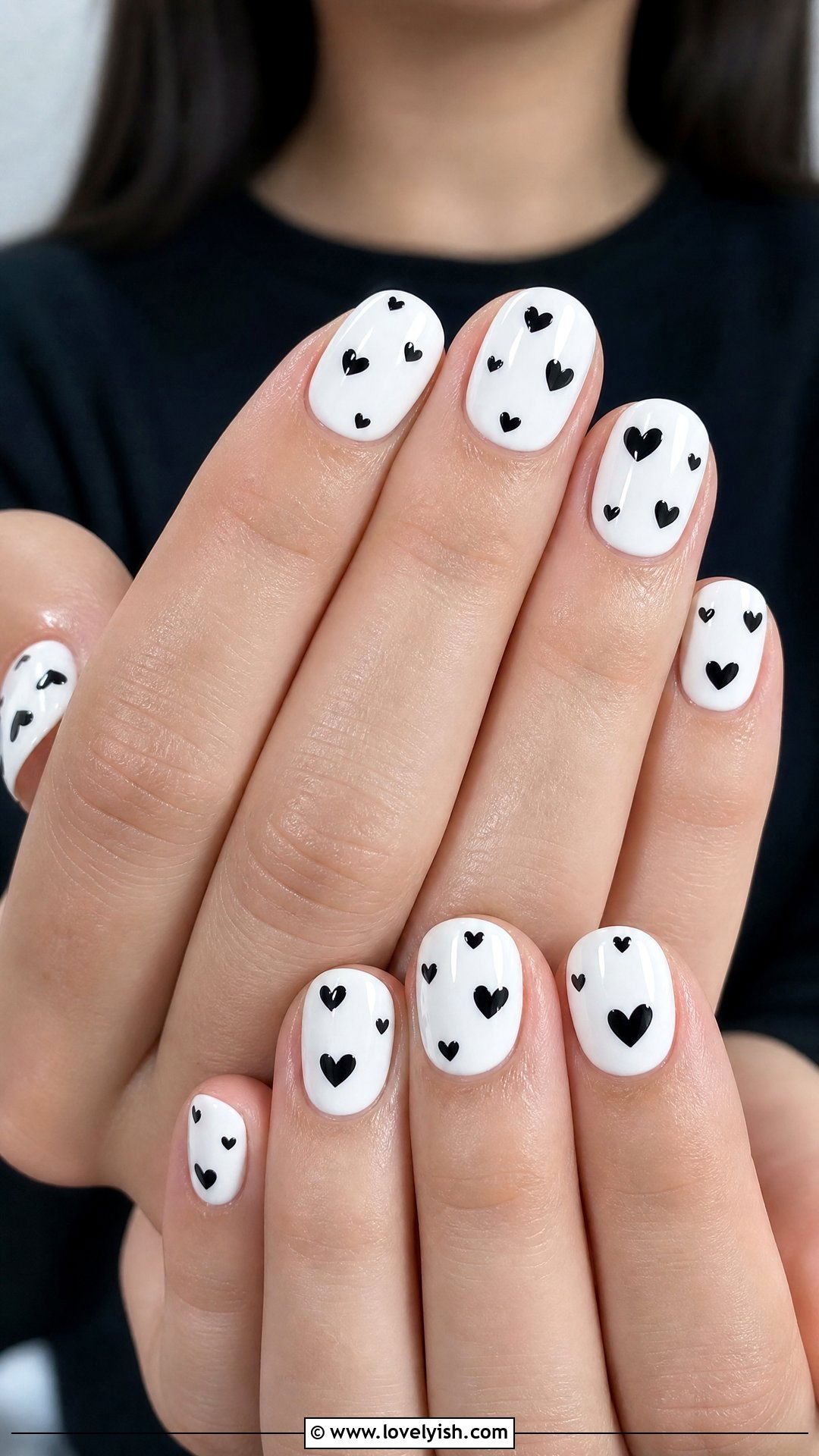 Black Heart Nails on White Base - 50 black and white nail designs - 50 black and white nail designs
