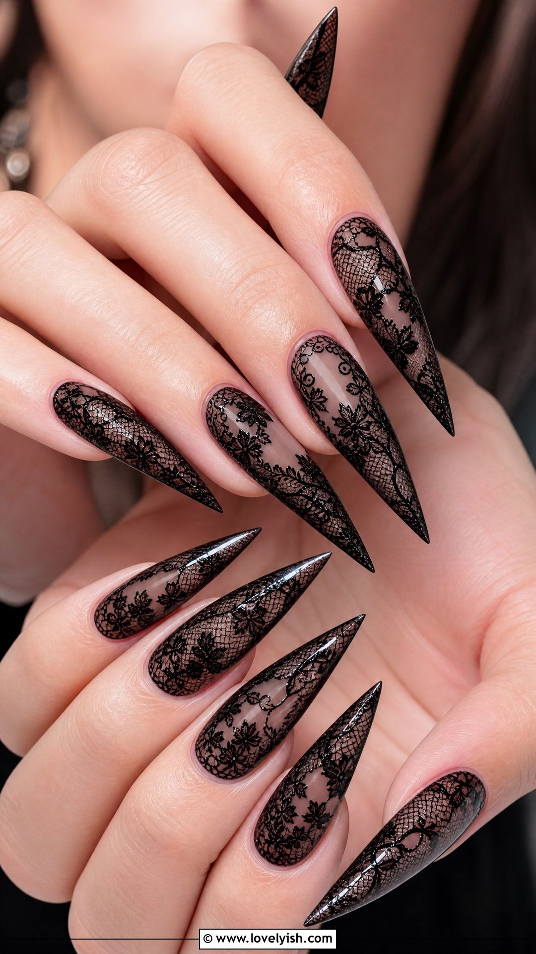 Black Lace Long Stiletto Nails - 50 long stiletto nails - 50 long stiletto nails