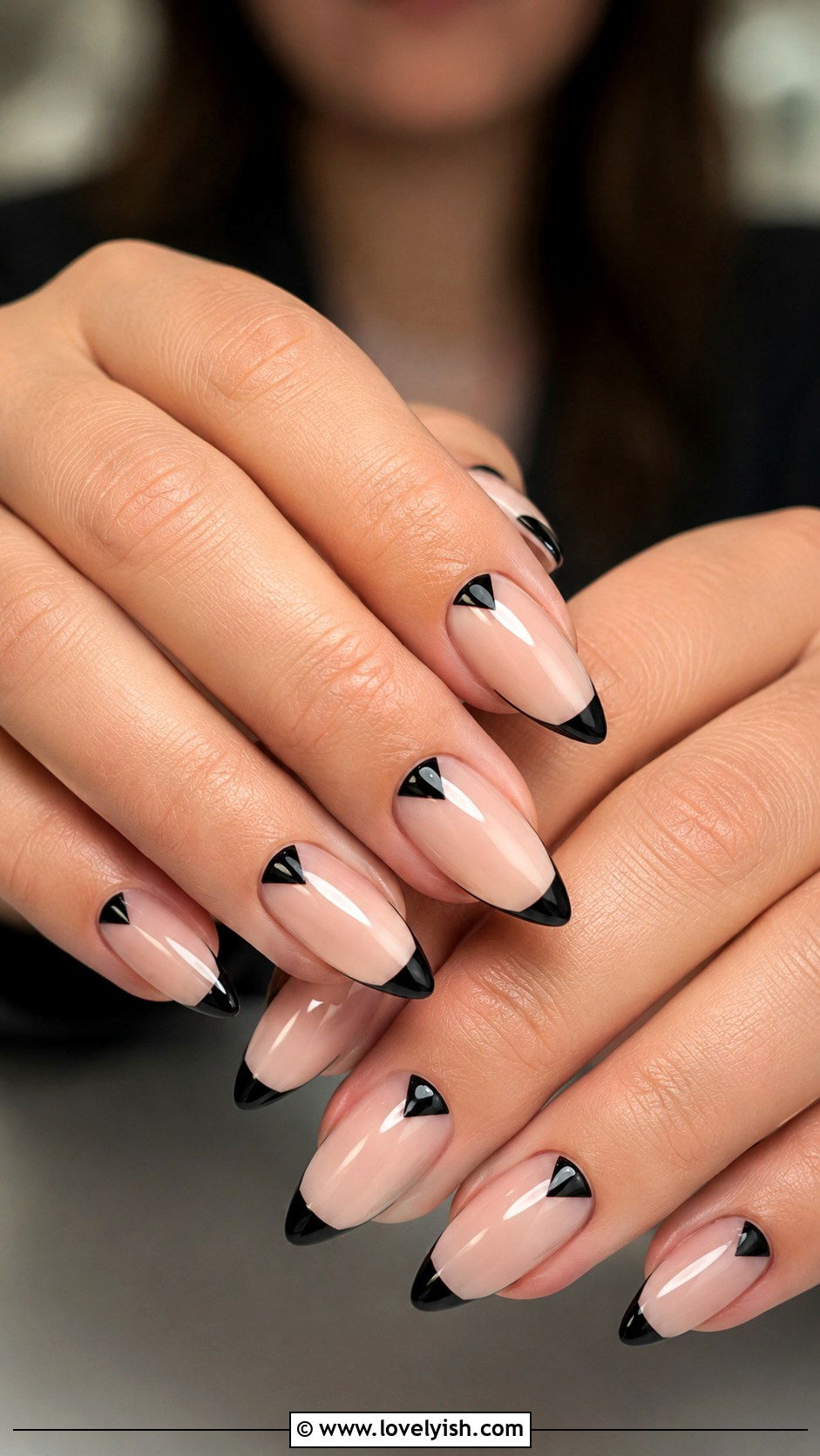 Black Line Triangle Nails on Nude Base - 25 geometric nail designs - 25 geometric nail designs