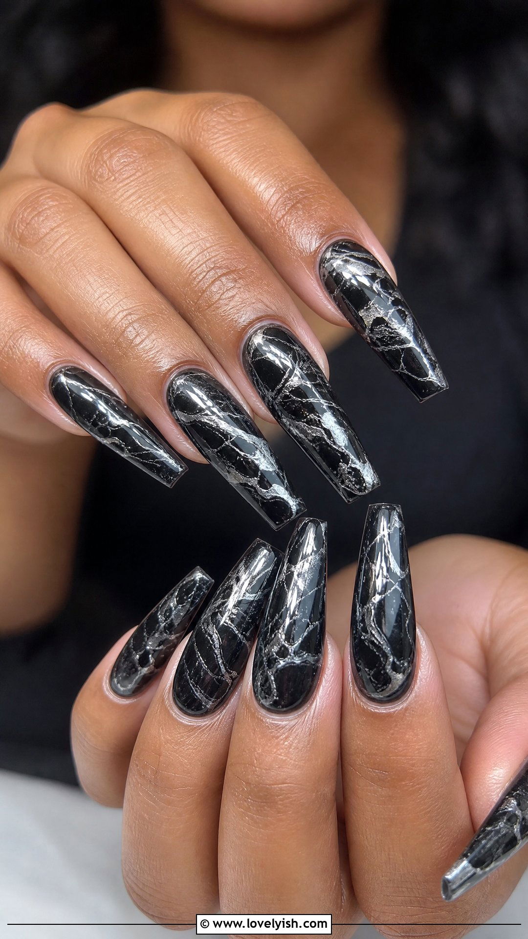 Black Marble with Silver Chrome Baddie Nails - 50 baddie nails - 50 baddie nails