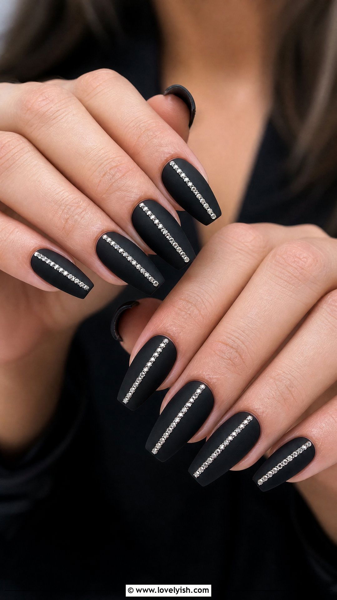 Black Matte Nails With Silver Rhinestone Strip - 29 nail designs with rhinestones - 29 nail designs with rhinestones