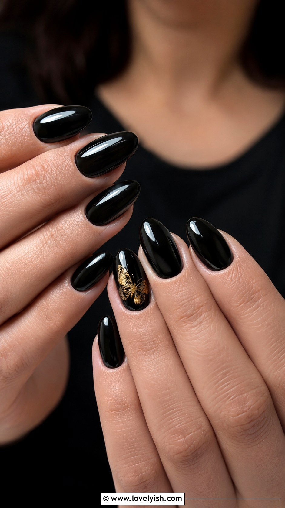 Black Nails with Gold Butterfly Accent - 50 black and gold nail designs - 50 black and gold nail designs