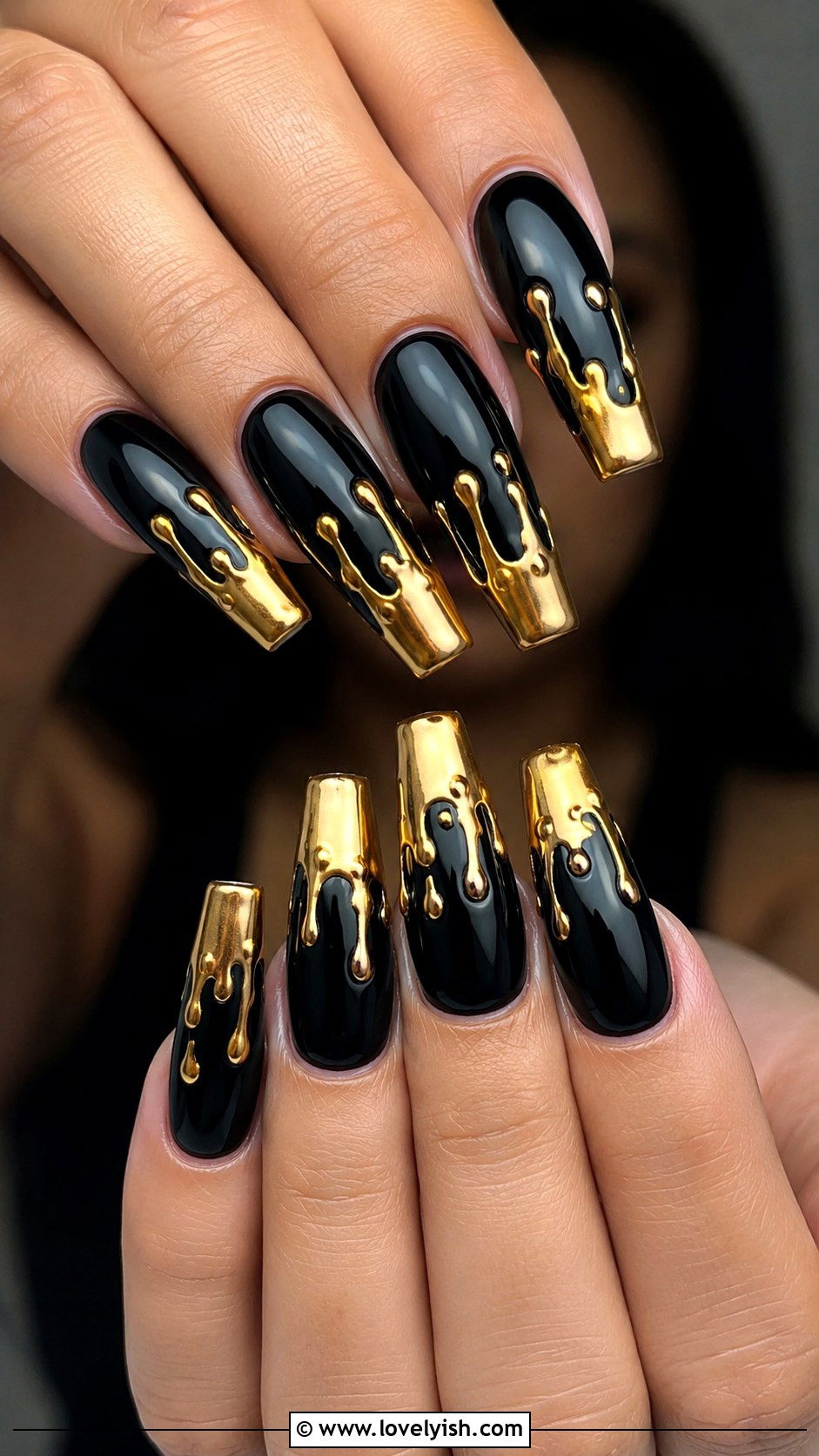 Black Nails with Gold Drip Tips - 50 black and gold nail designs - 50 black and gold nail designs