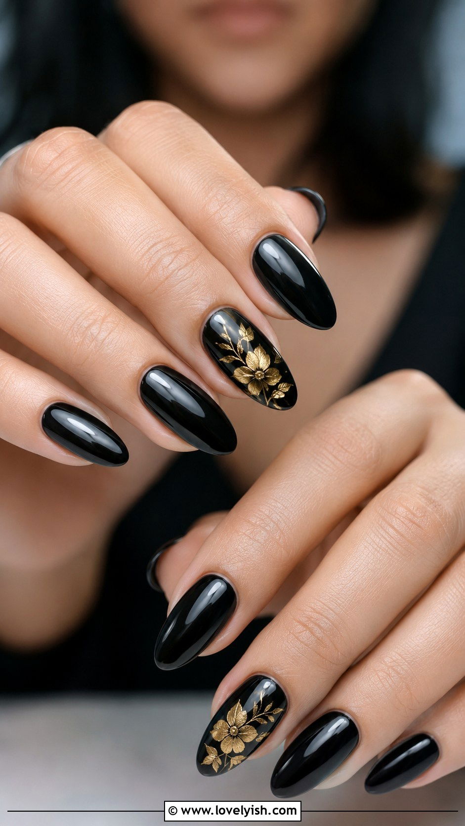 Black Nails with Gold Floral Accent - 50 black and gold nail designs - 50 black and gold nail designs