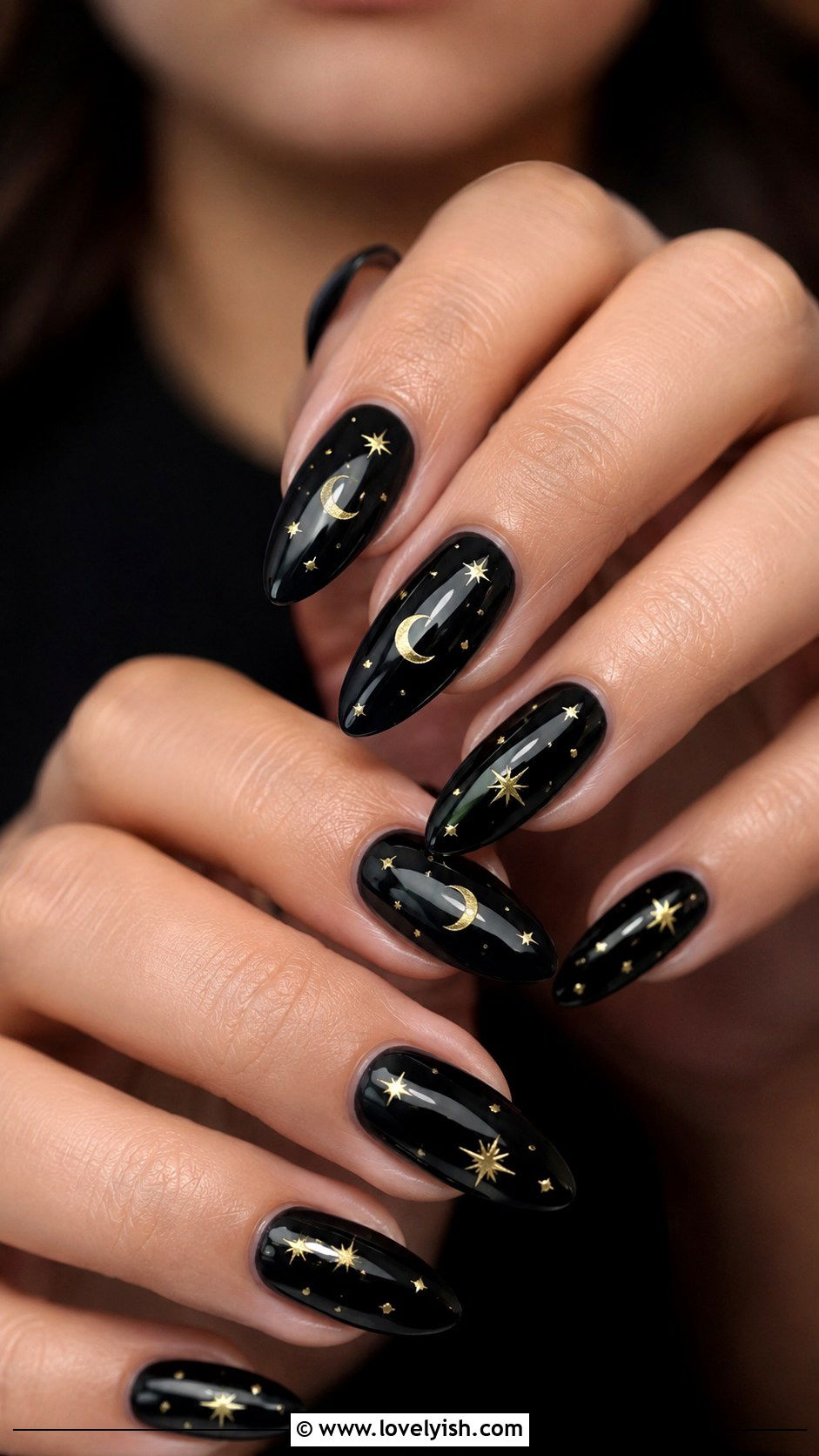 Black Nails with Gold Moon and Stars - 50 black and gold nail designs - 50 black and gold nail designs