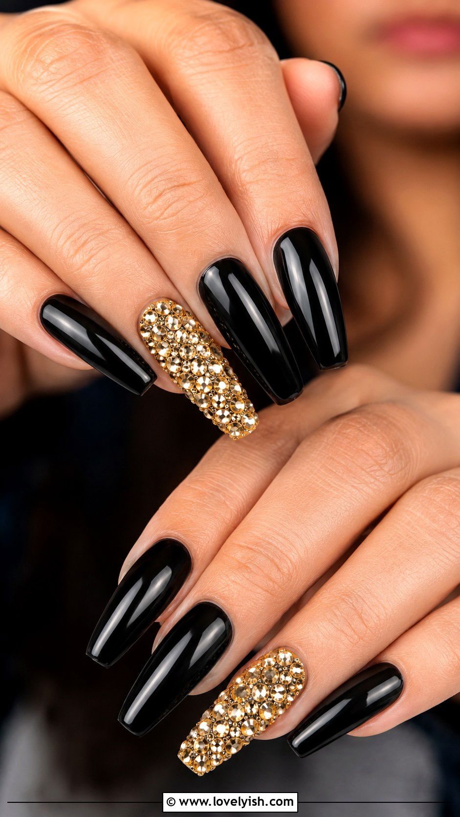 Black Nails with Gold Rhinestone Accent - 50 black and gold nail designs - 50 black and gold nail designs