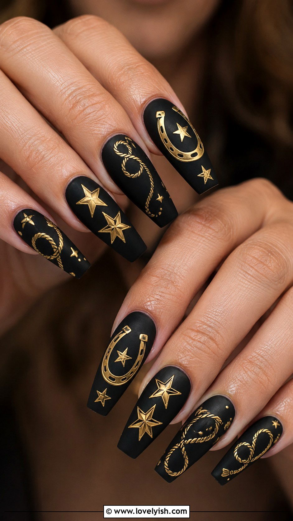 Black Nails with Gold Western Motifs - 50 western nail designs - 50 western nail designs