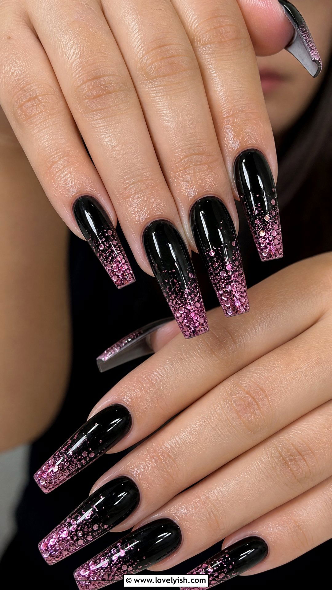 Black Nails with Pink Glitter Tips - 50 pink and black nails - 50 pink and black nails
