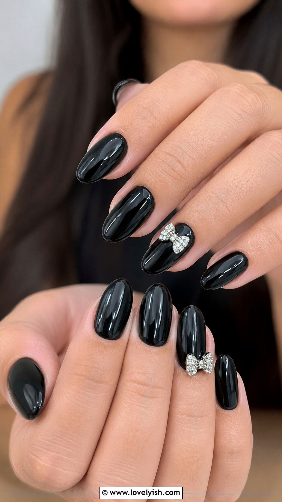 Black Rhinestone Bow Accent Baddie Nails - 50 baddie nails - 50 baddie nails