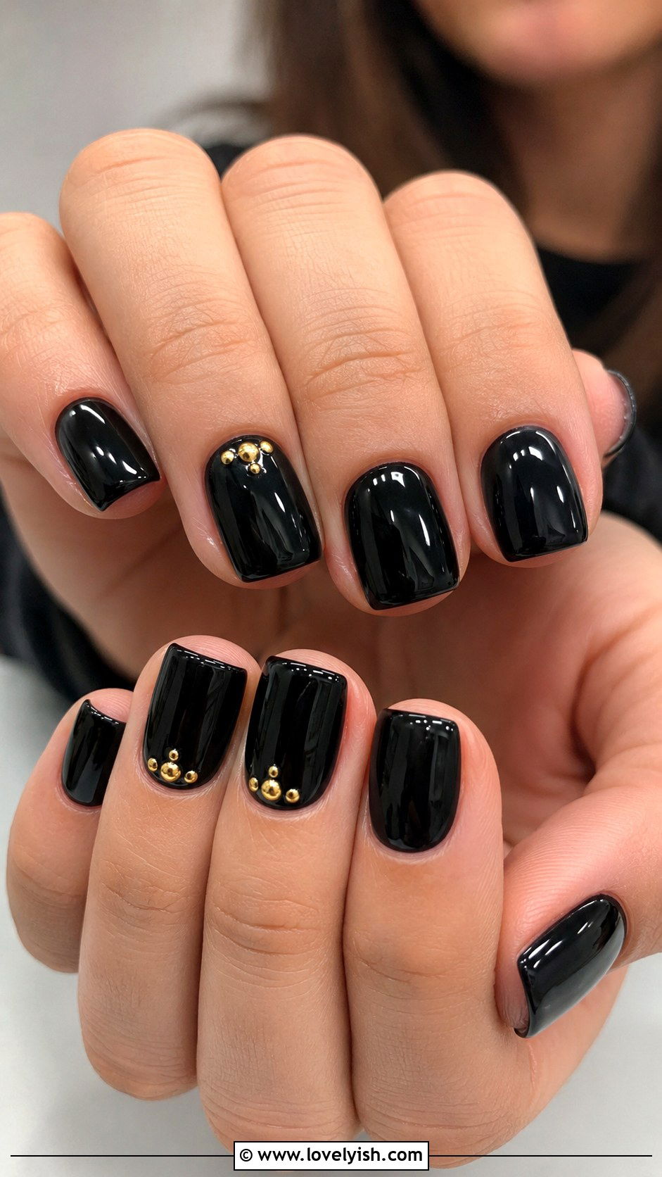 Black Square Nails with Gold Studs - 50 black and gold nail designs - 50 black and gold nail designs