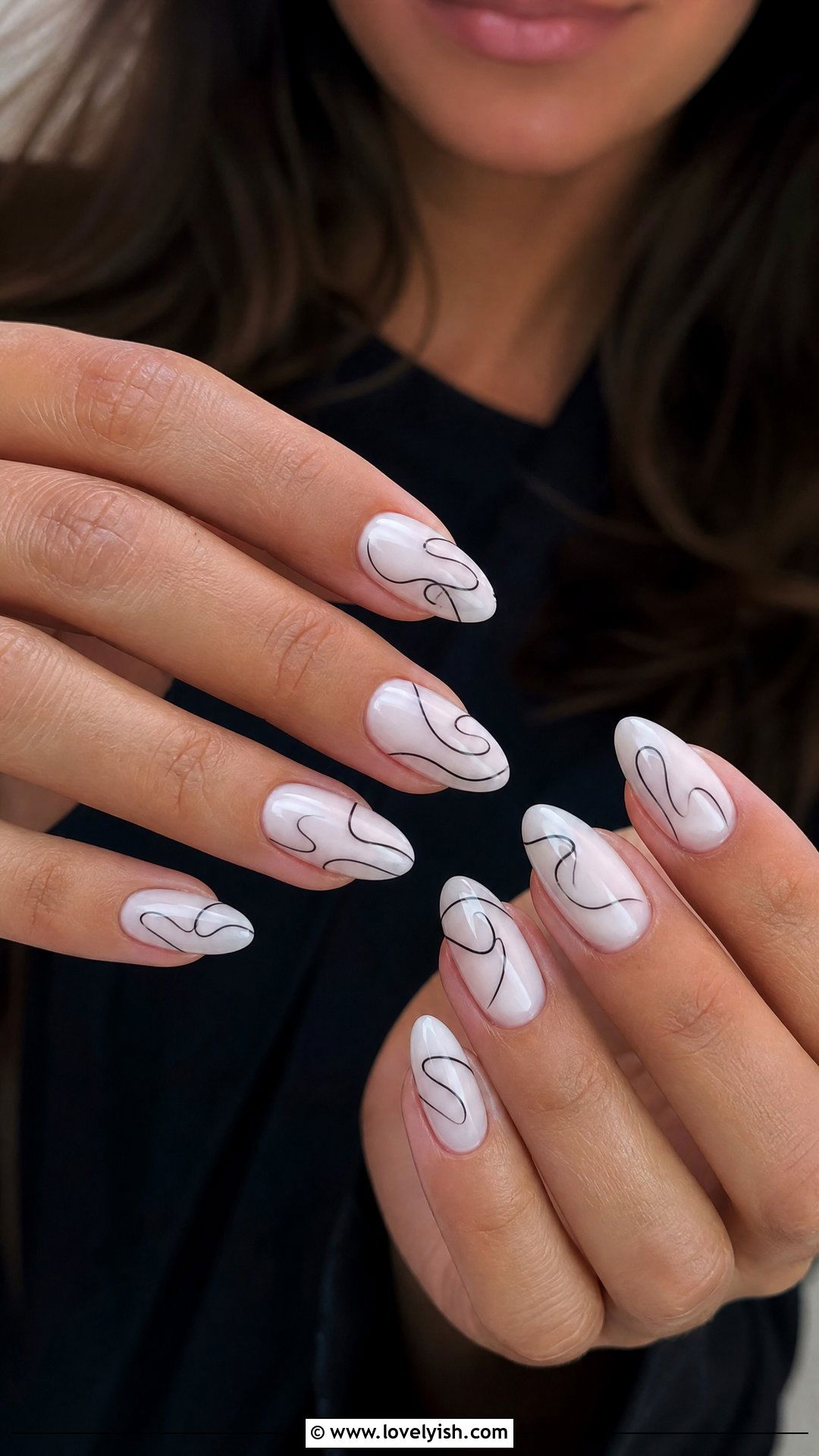 Black Squiggle Lines on Milky White Nails - 25 abstract nail designs - 25 abstract nail designs