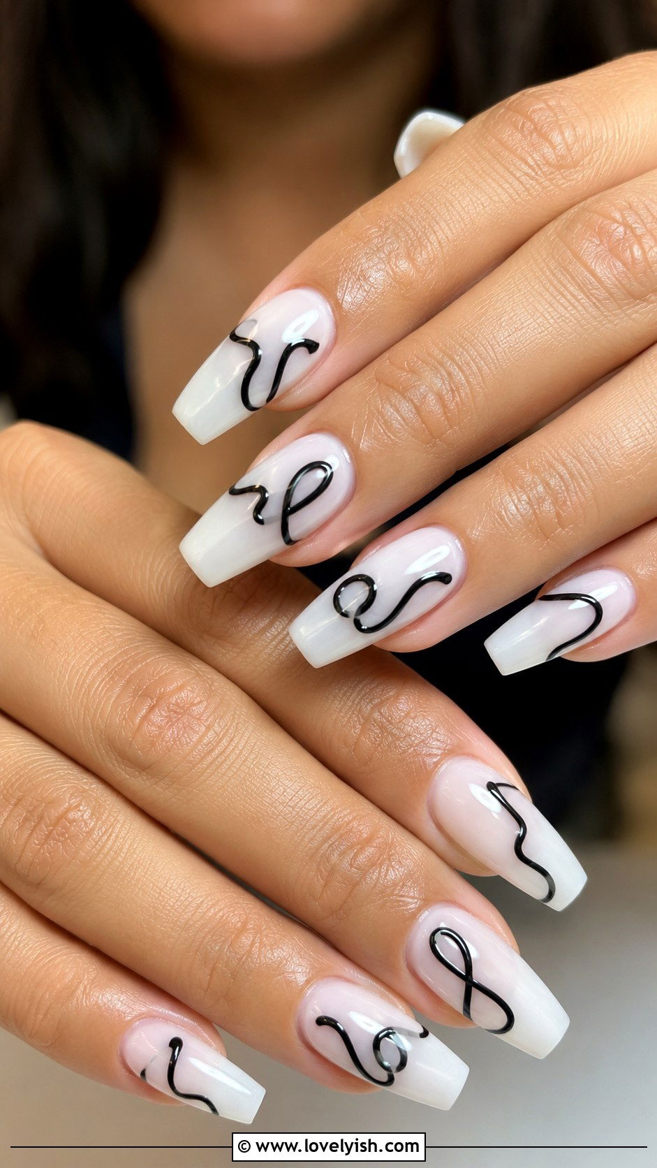 Black Squiggle on Milky Base Nails - 38 abstract nail art - 38 abstract nail art