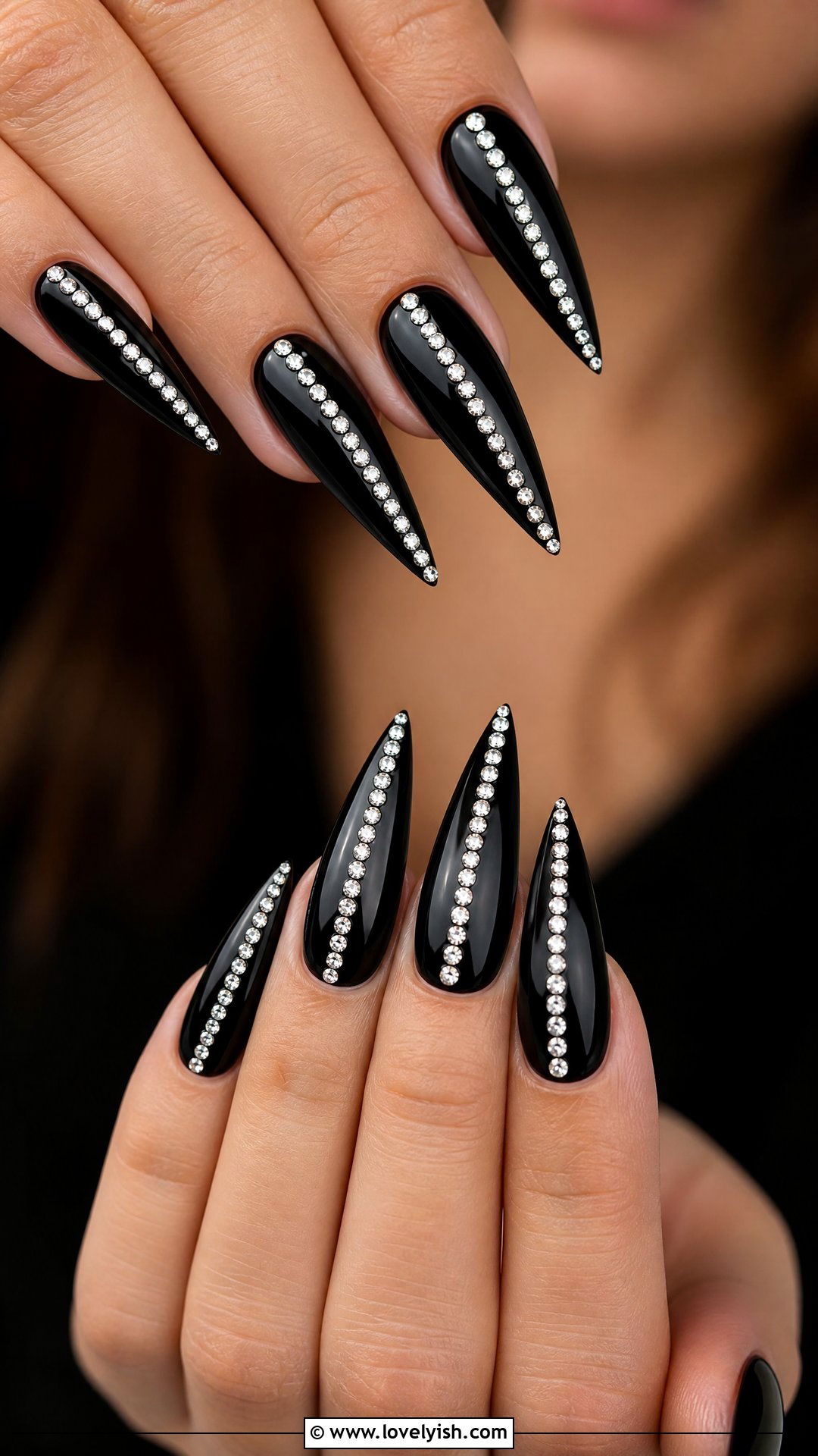 Black Stiletto Nails With Diamond Stripe - 30 nail designs with diamonds - 30 nail designs with diamonds