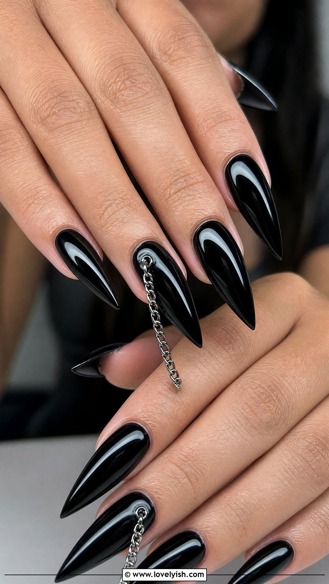 Black Stiletto Nails with Chain Charms - 50 goth nails - 50 goth nails