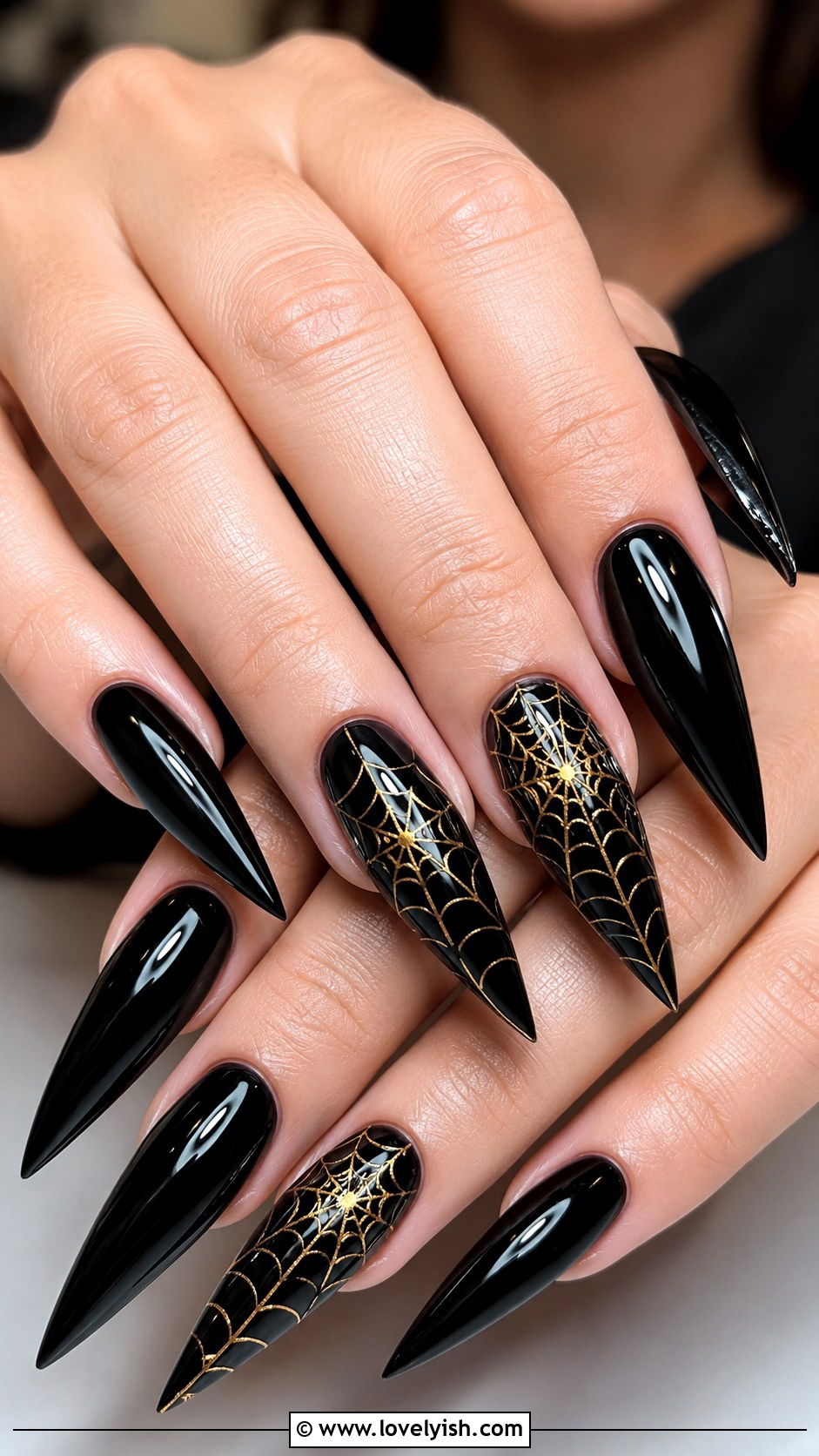 Black Stiletto Nails with Gold Spider Web - 50 black and gold nail designs - 50 black and gold nail designs