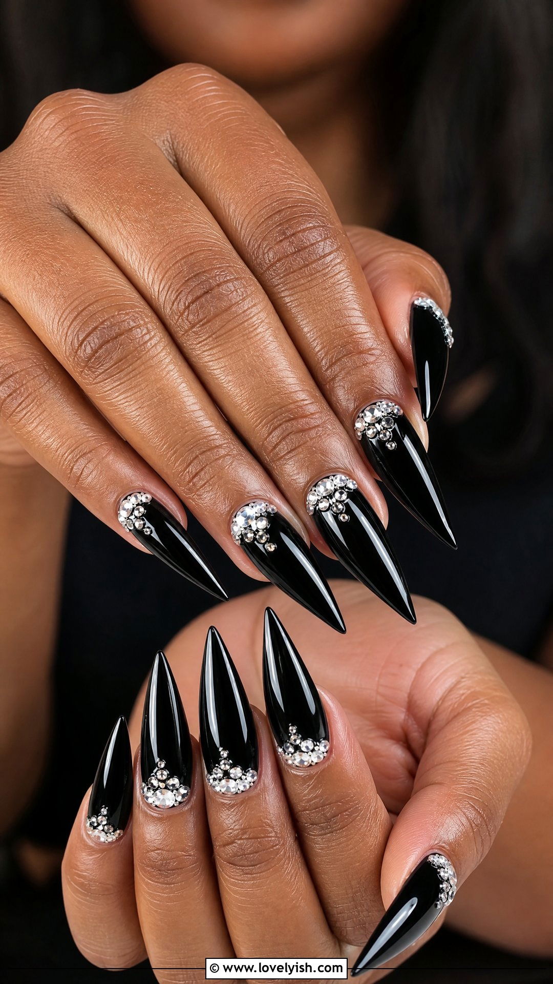 Black Stiletto Nails with Rhinestones - 50 black nails - 50 black nails
