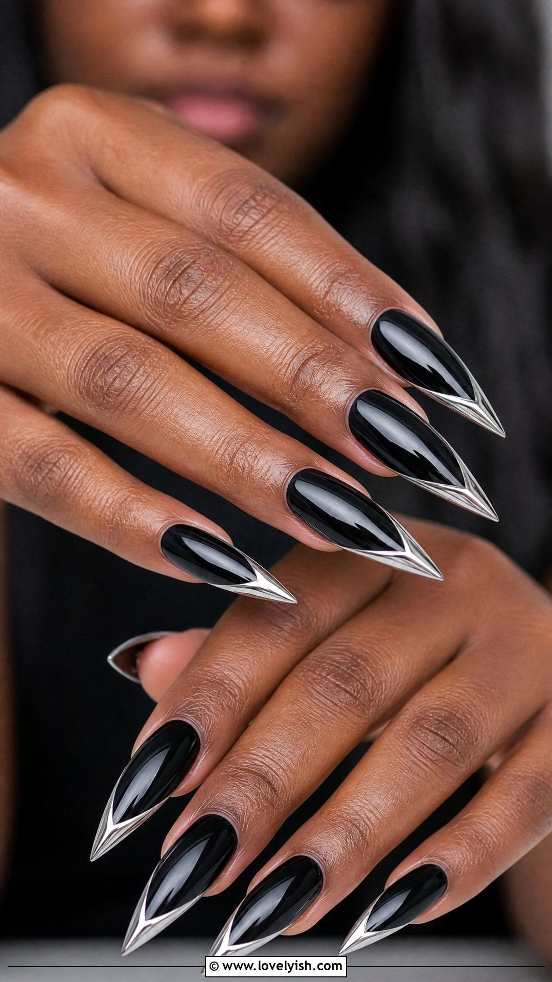Black Stiletto Nails with Silver Tips - 50 dark nail designs - 50 dark nail designs