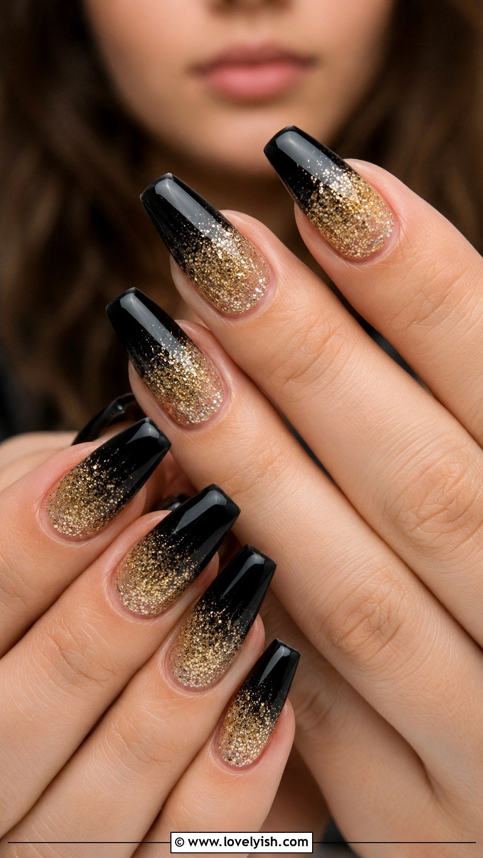 Black Tips with Gold Glitter Ombre Base - 50 black and gold nail designs - 50 black and gold nail designs