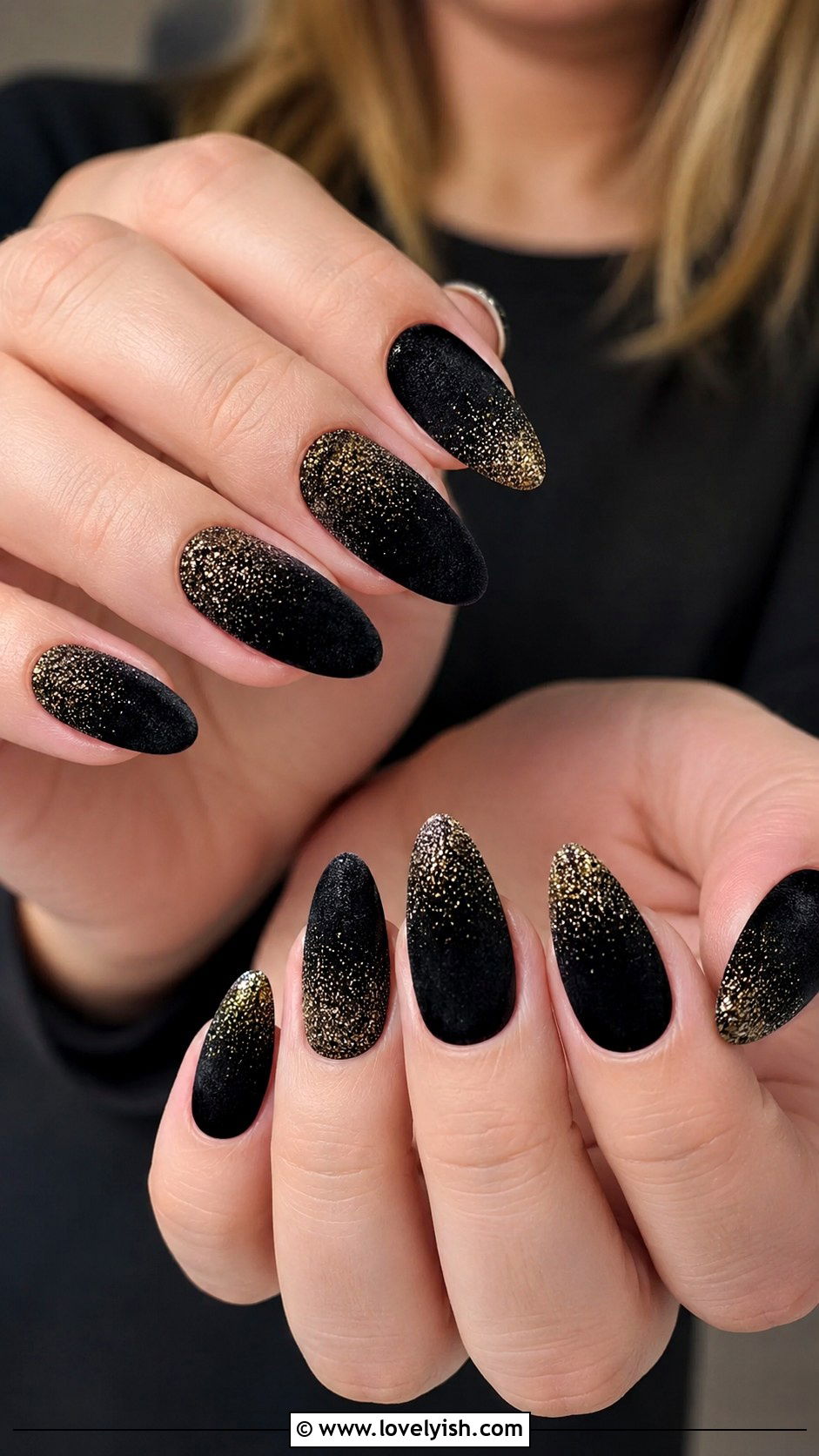 Black Velvet Nails with Gold Glitter Tips - 50 black and gold nail designs - 50 black and gold nail designs