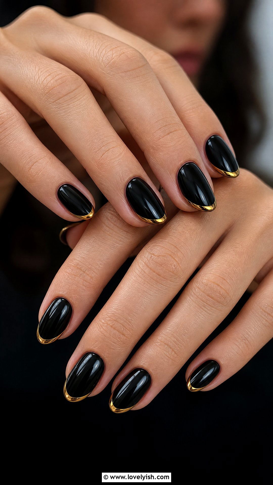 Black With Gold Chrome French Tip - 50 short black nail designs - 50 short black nail designs