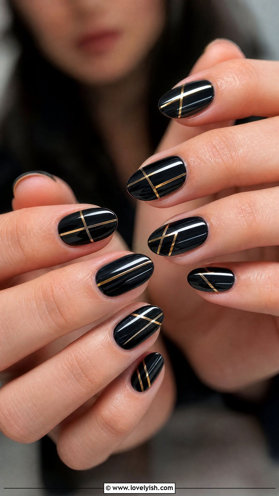 Black With Gold Lines - 50 short black nail designs - 50 short black nail designs