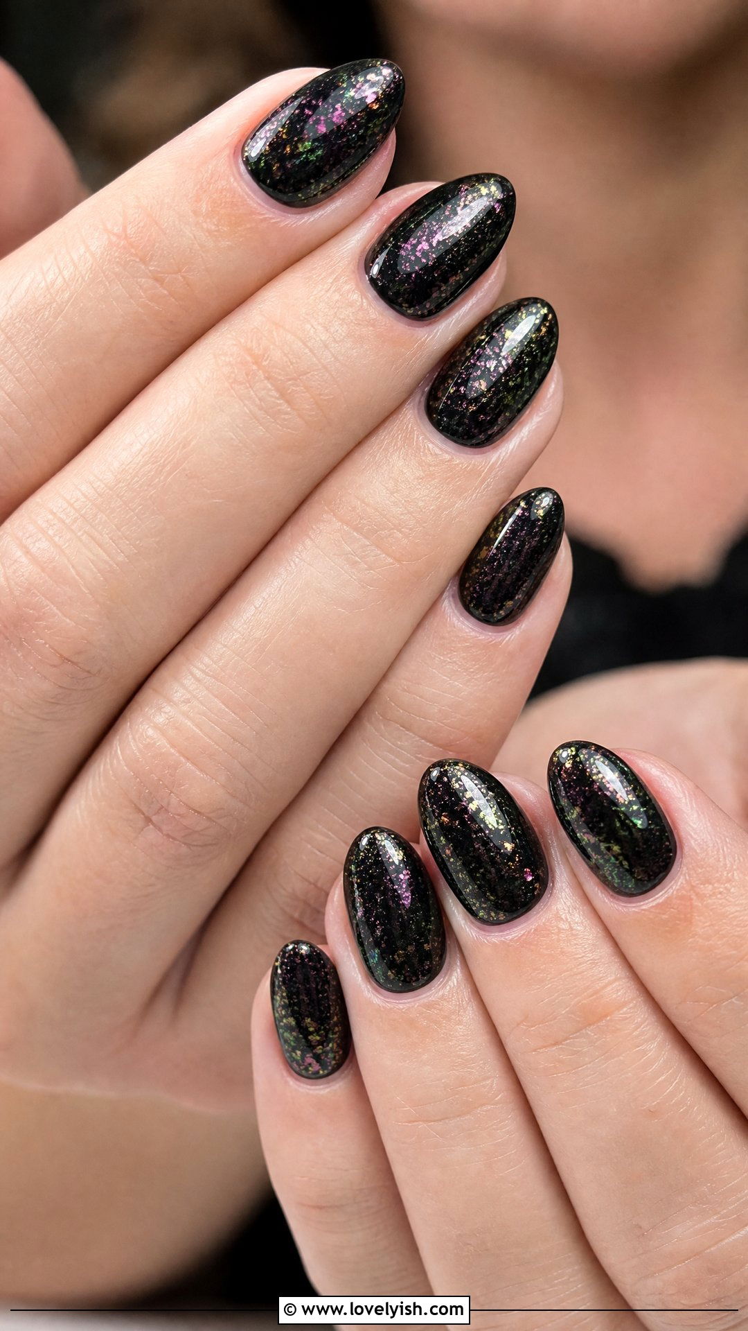 Black With Iridescent Flakes - 50 short black nail designs - 50 short black nail designs