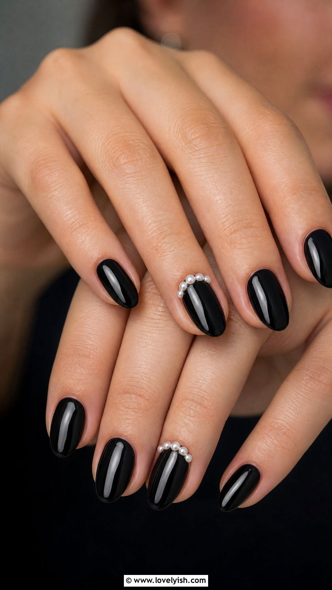 Black With Pearl Accents - 50 short black nail designs - 50 short black nail designs