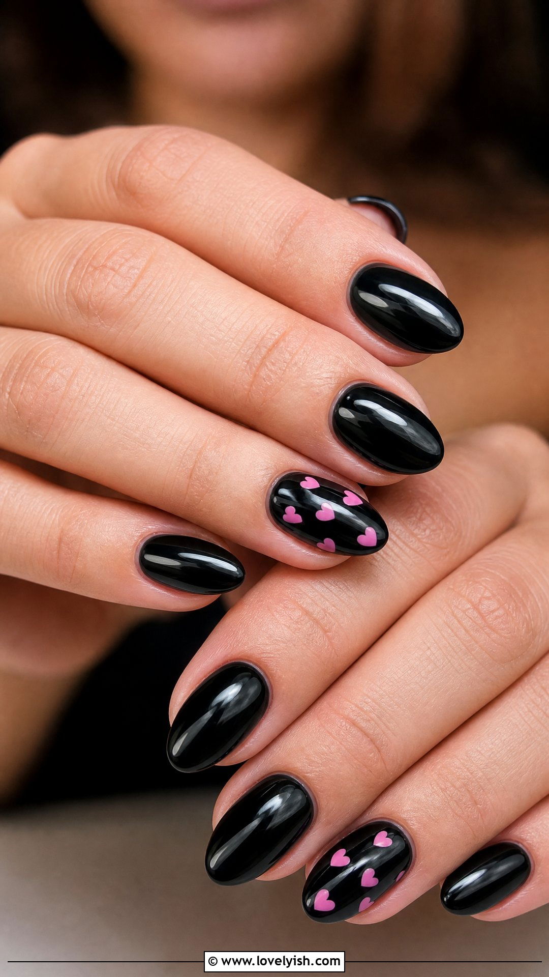 Black With Pink Hearts - 50 short black nail designs - 50 short black nail designs