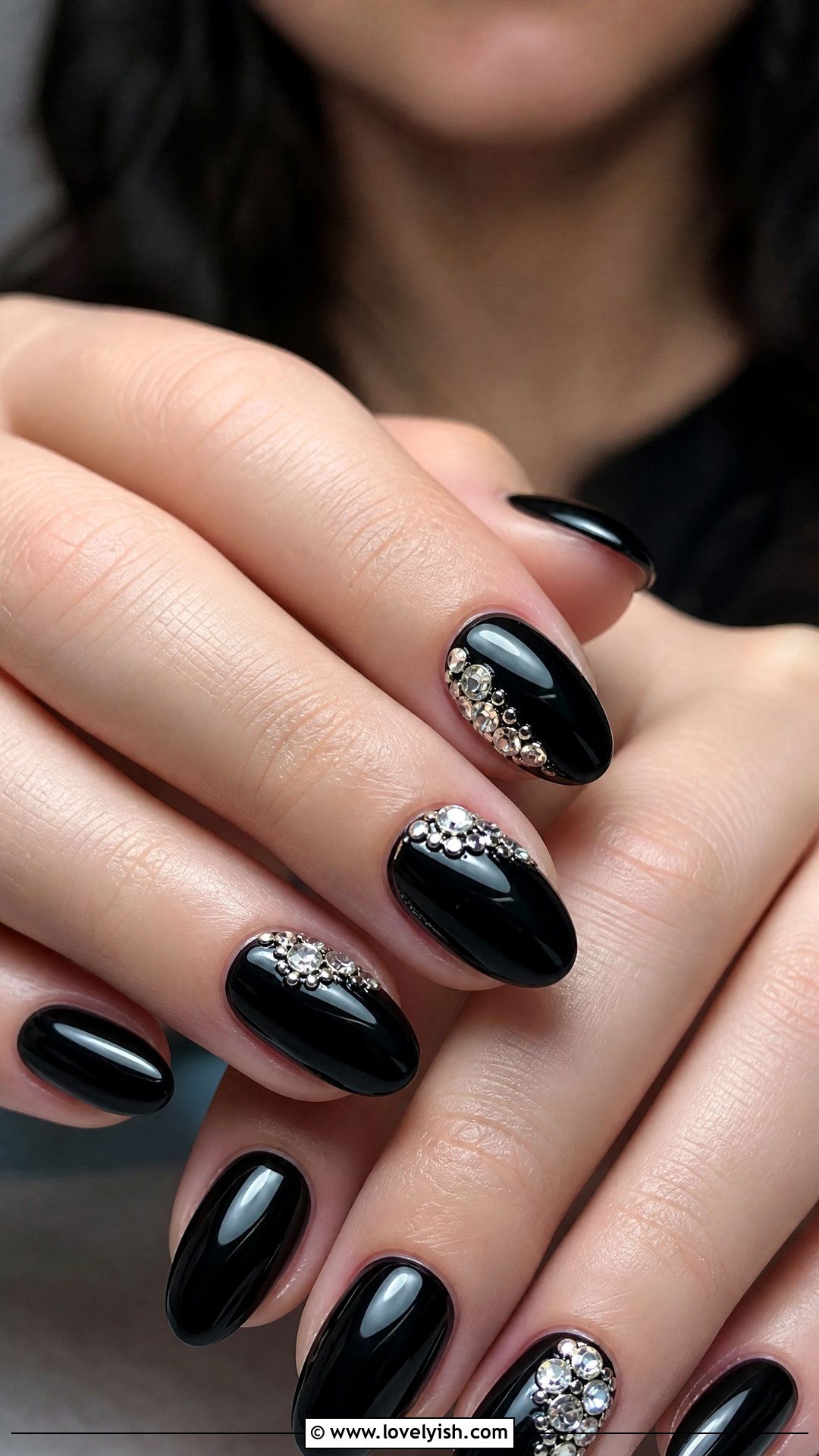 Black With Rhinestone Cluster - 50 short black nail designs - 50 short black nail designs