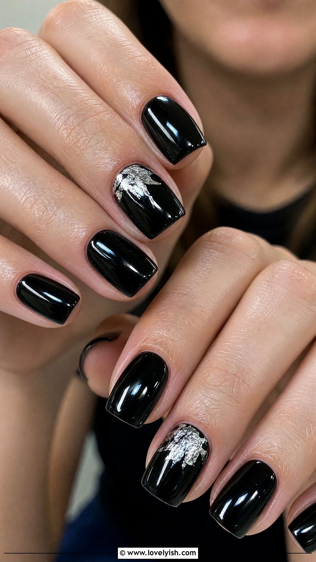 Black With Silver Foil Accents - 50 short black nail designs - 50 short black nail designs