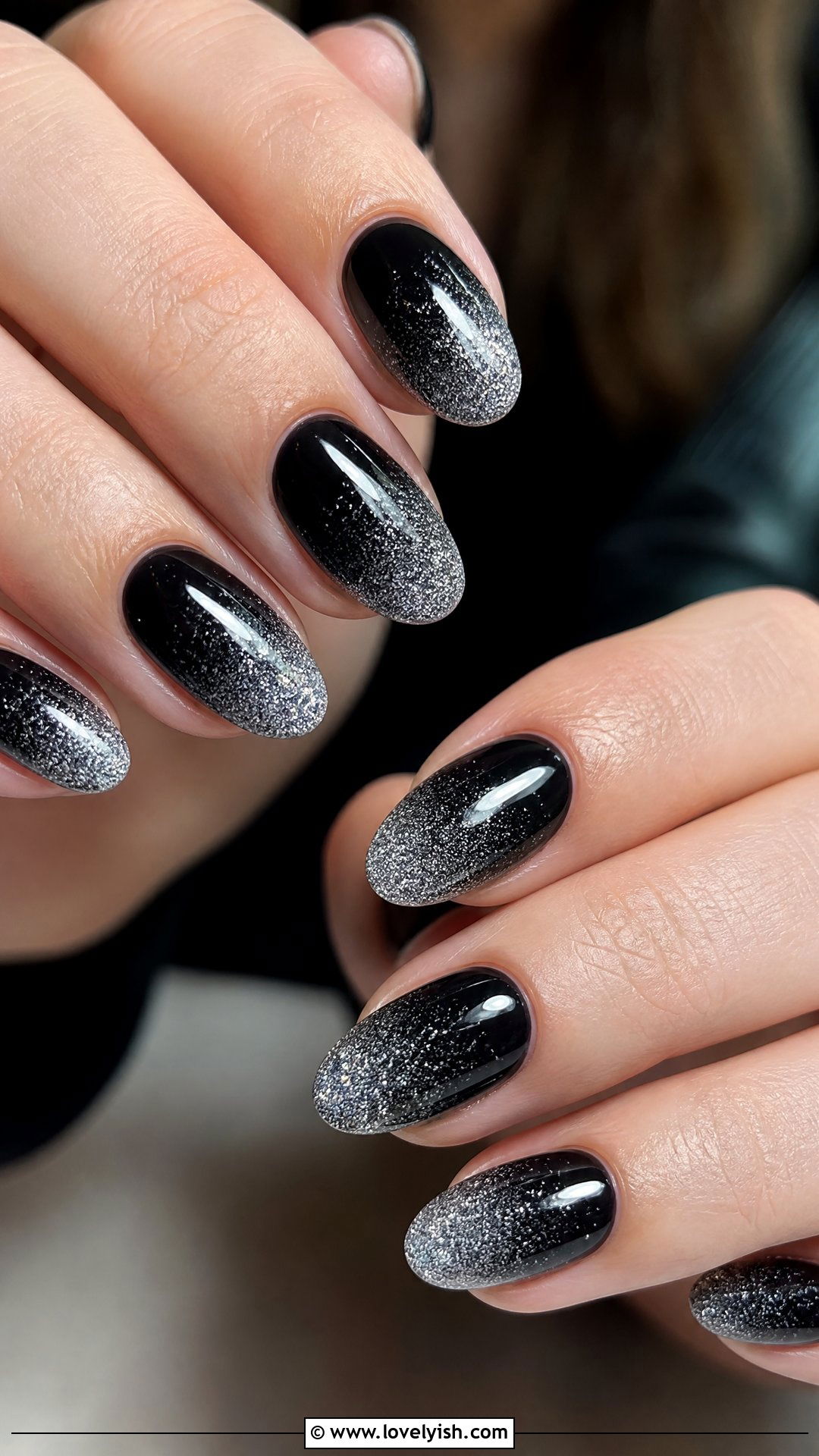 Black With Silver Glitter Ombre - 50 short black nail designs - 50 short black nail designs
