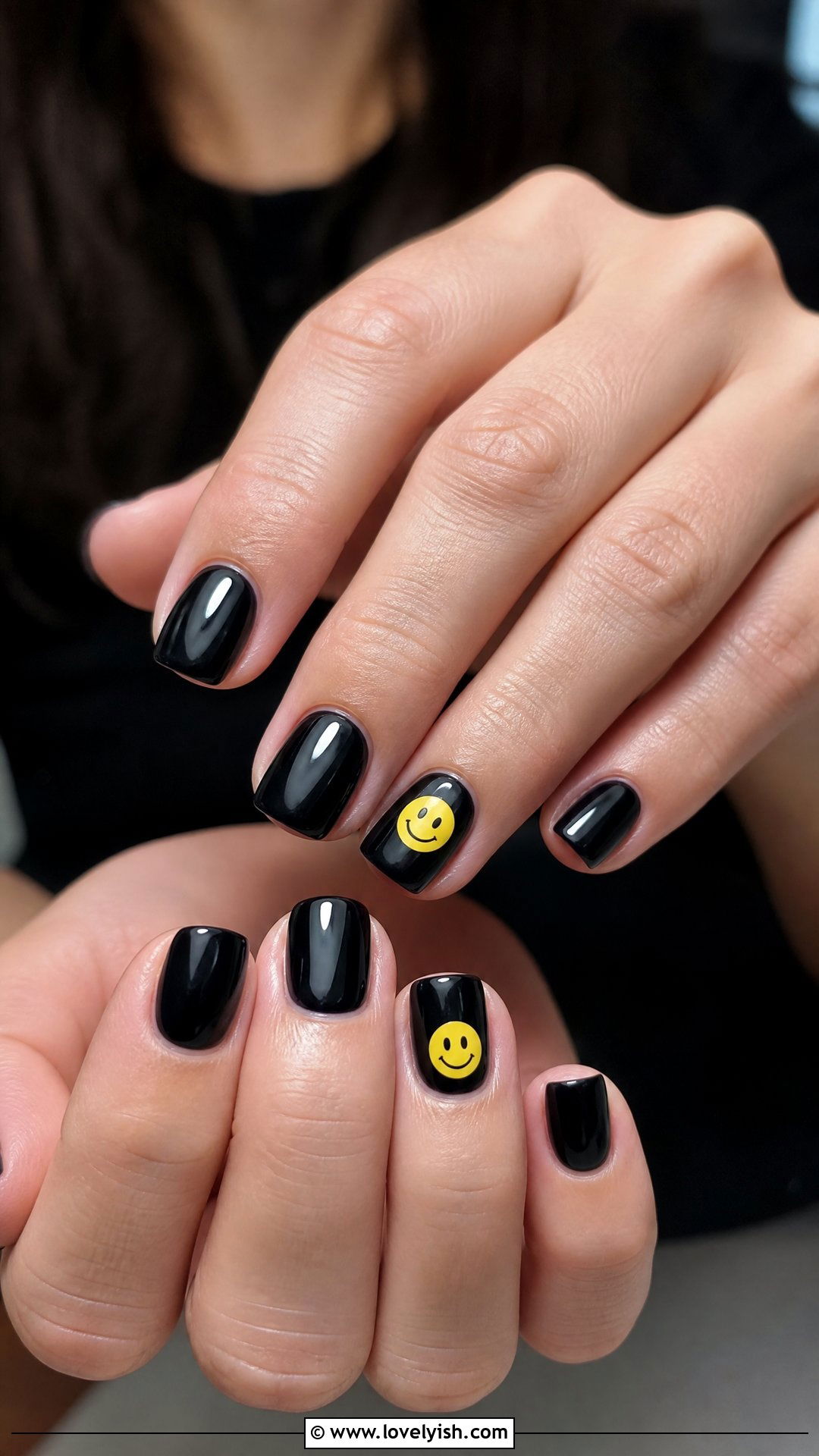 Black With Smiley Face Accents - 50 short black nail designs - 50 short black nail designs