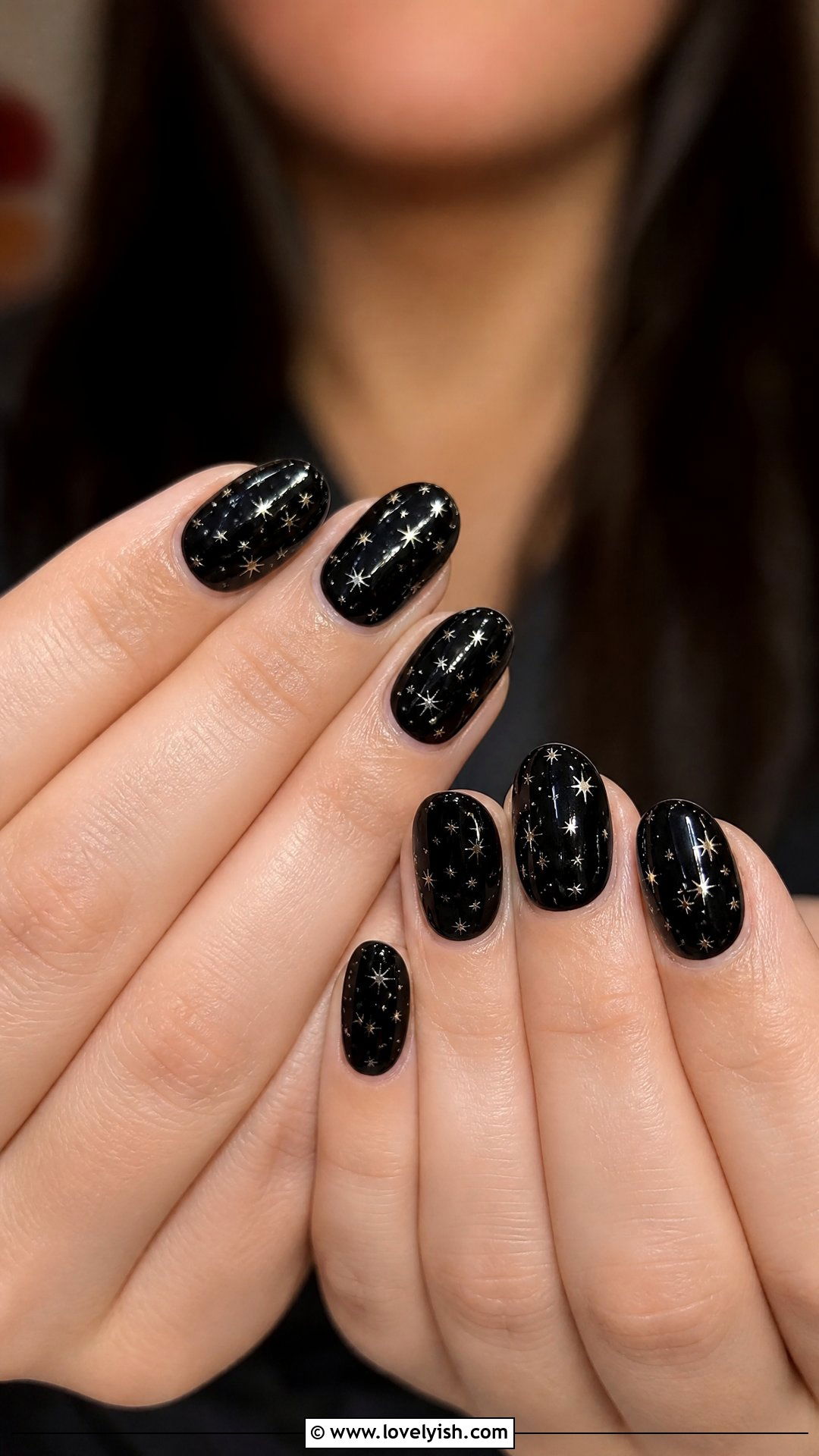 Black With Tiny Stars - 50 short black nail designs - 50 short black nail designs