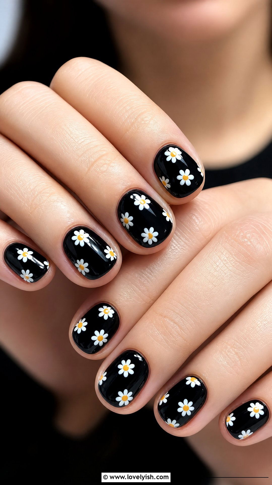 Black With Tiny White Florals - 50 short black nail designs - 50 short black nail designs
