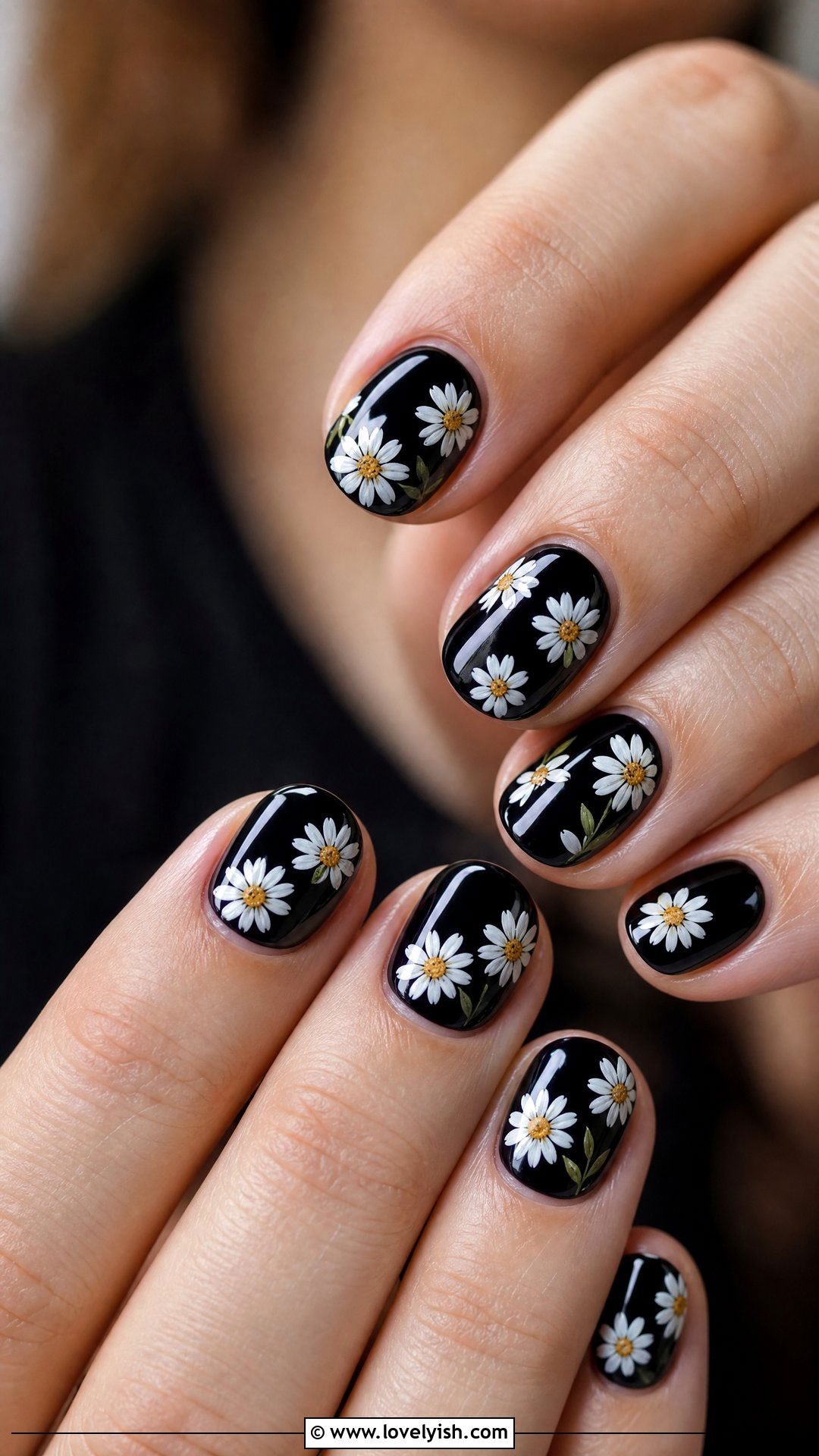 Black With White Floral Accents - 50 short black nail designs - 50 short black nail designs