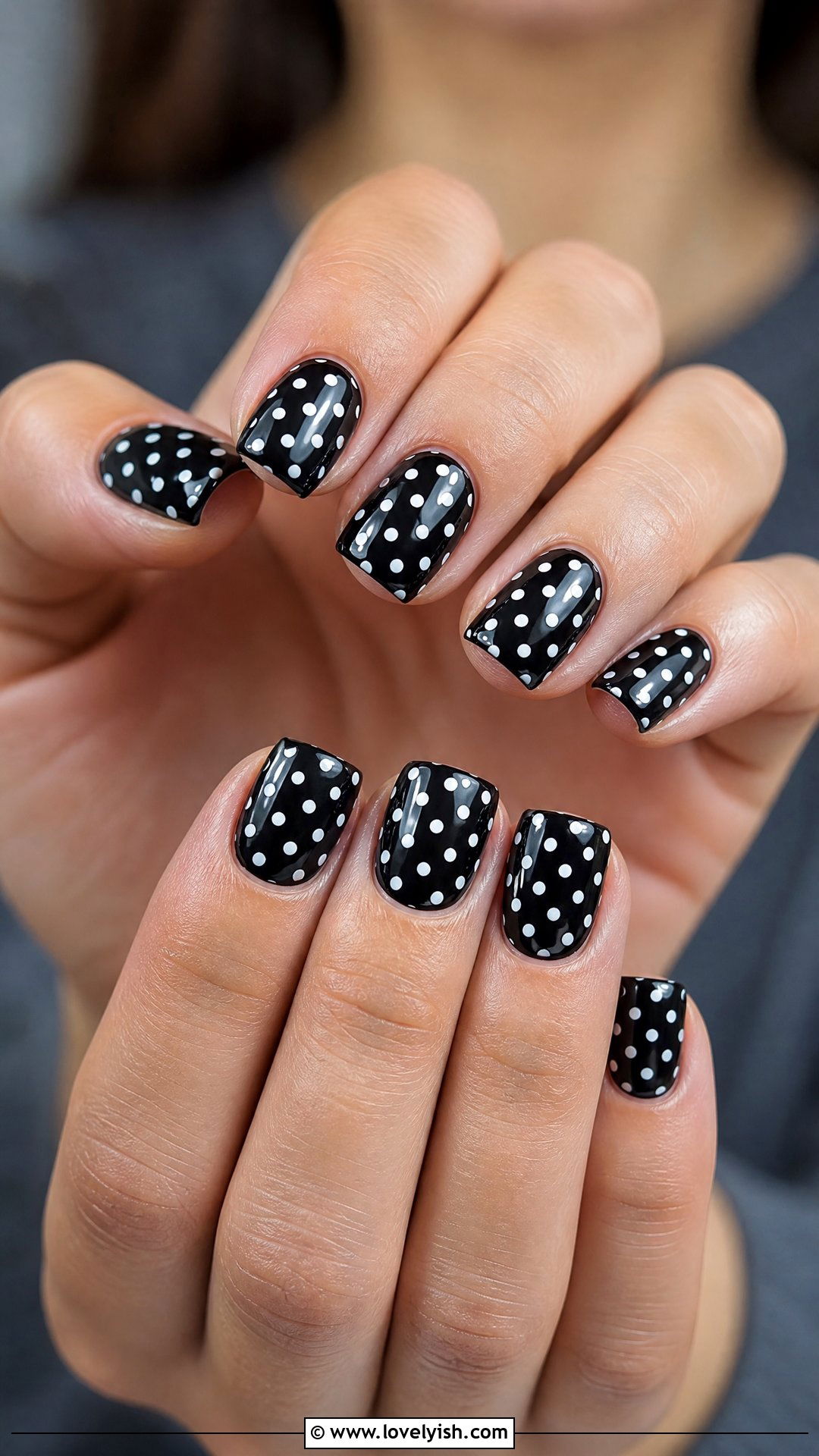 Black With White Polka Dots - 50 short black nail designs - 50 short black nail designs