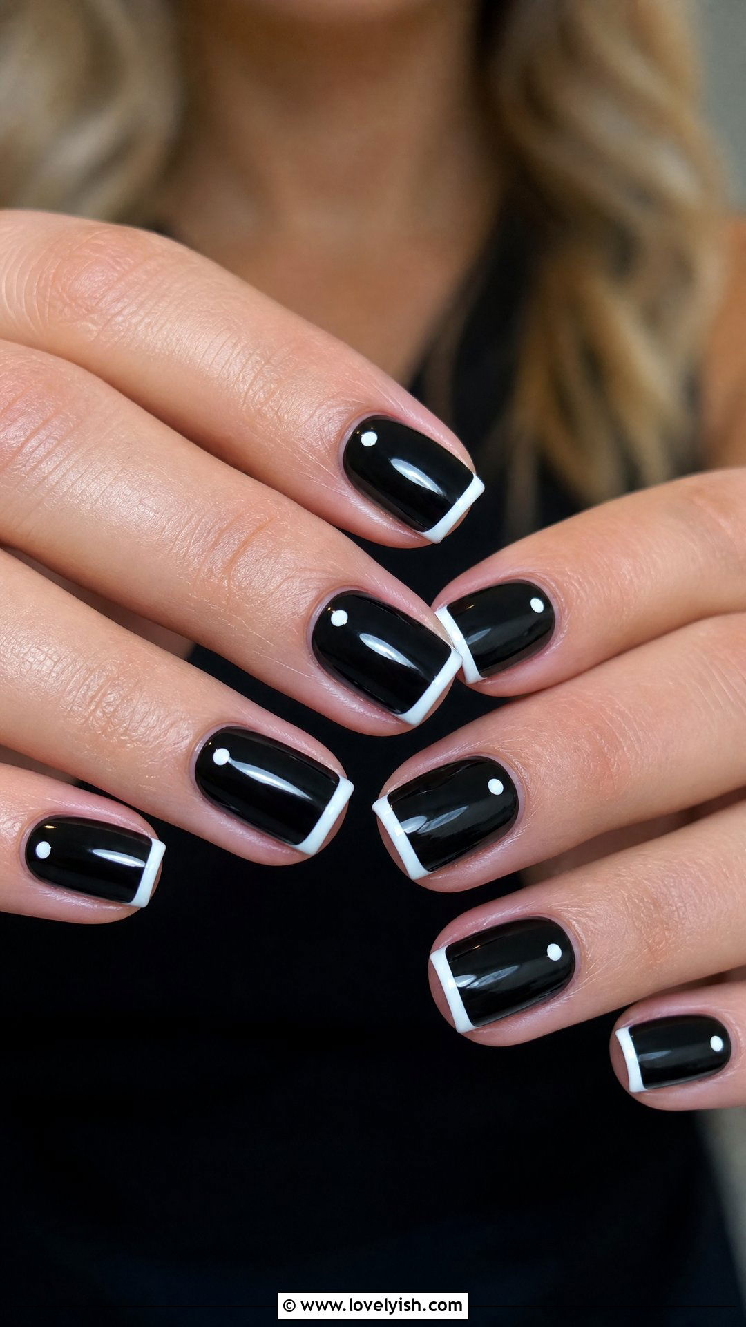 Black With White Tip and Dot Detail - 50 short black nail designs - 50 short black nail designs