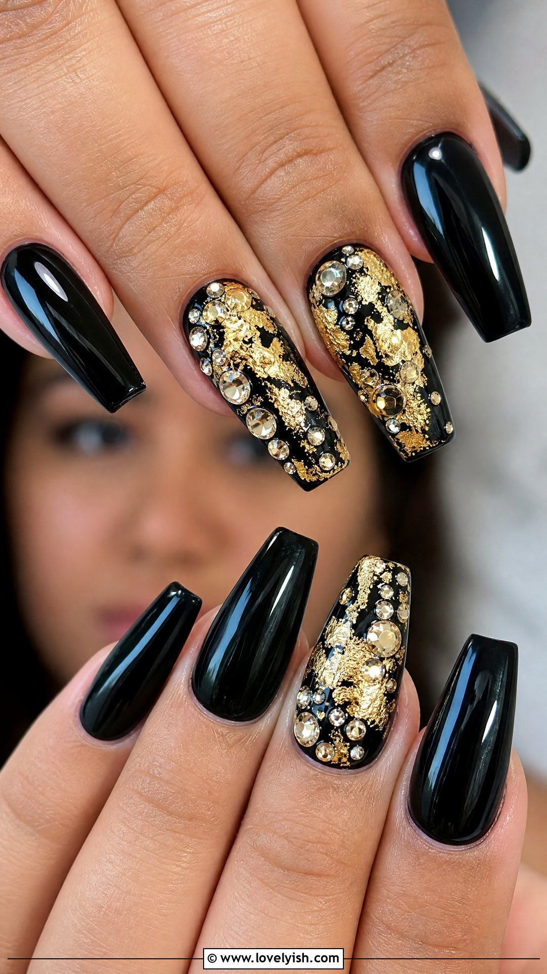 Black and Gold Diamond Nails - 50 diamond nails - 50 diamond nails