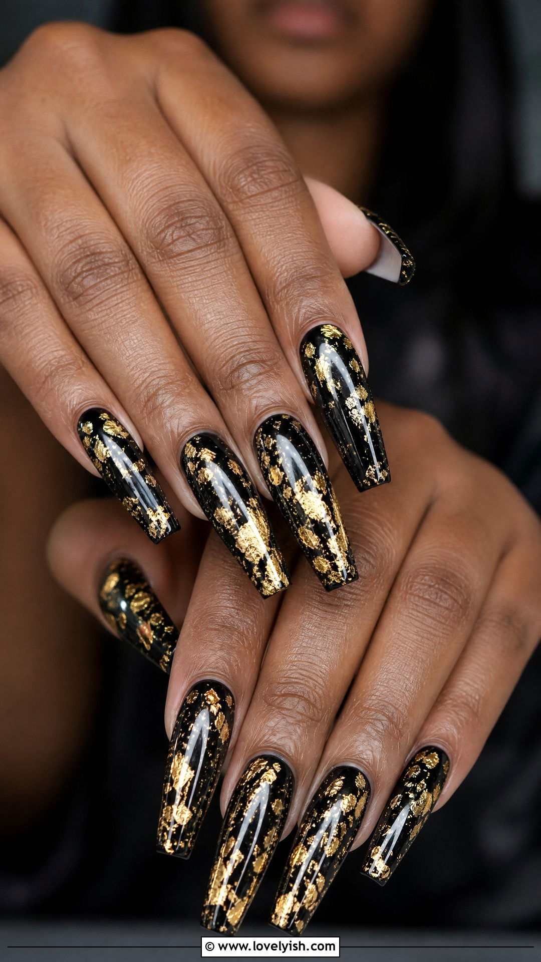 Black and Gold Foil Nails - 50 black nails - 50 black nails