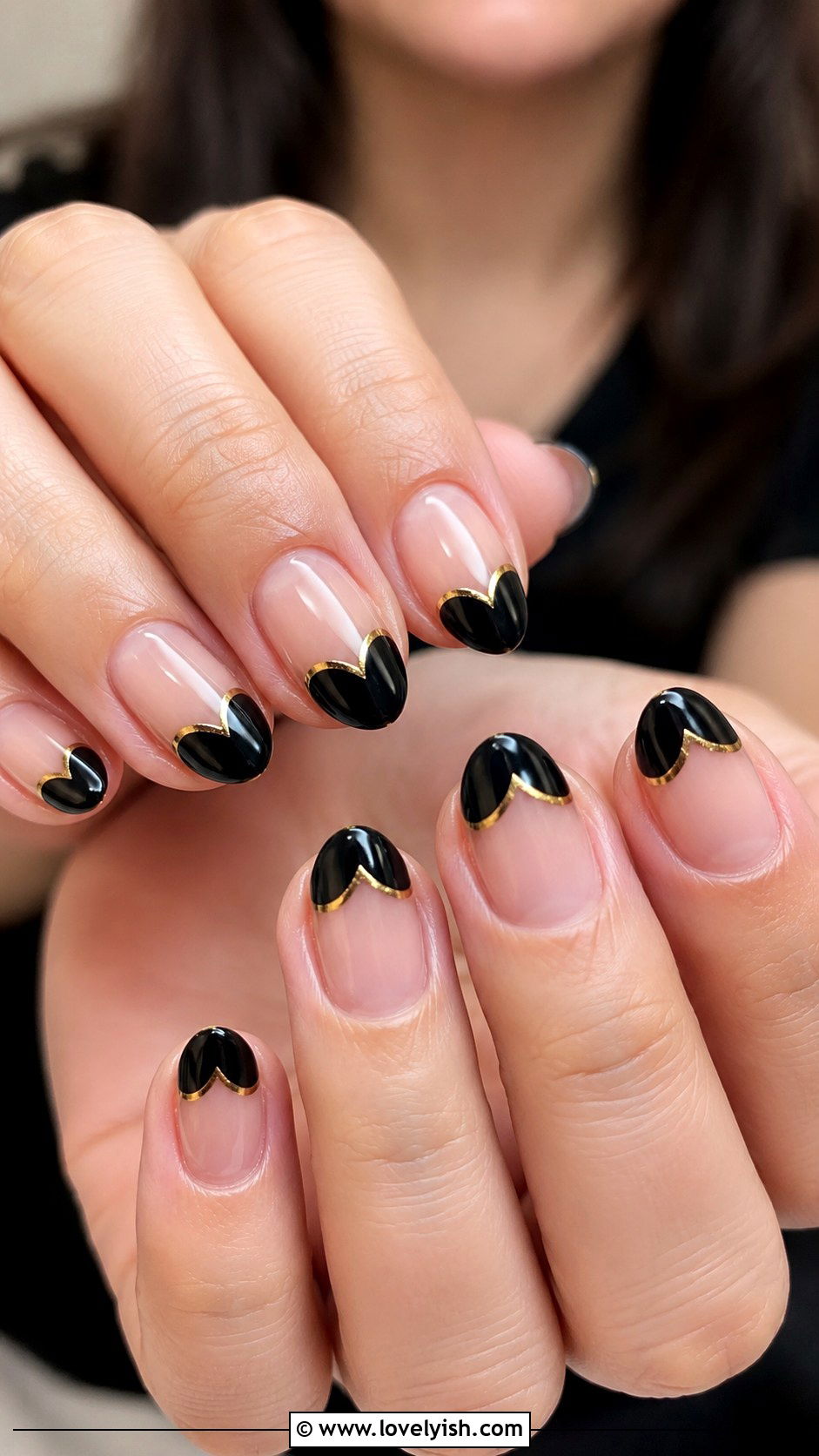 Black and Gold Heart Tip Nails - 50 black and gold nail designs - 50 black and gold nail designs