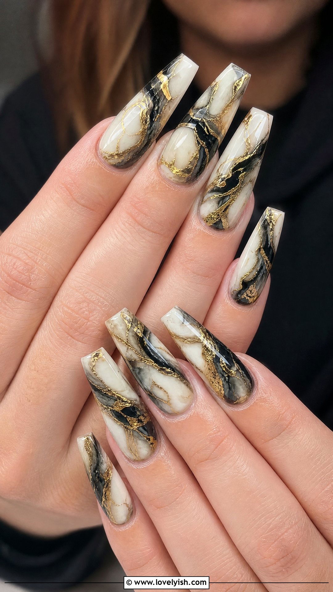 Black and Gold Marble Coffin Nails - 50 coffin nails - 50 coffin nails