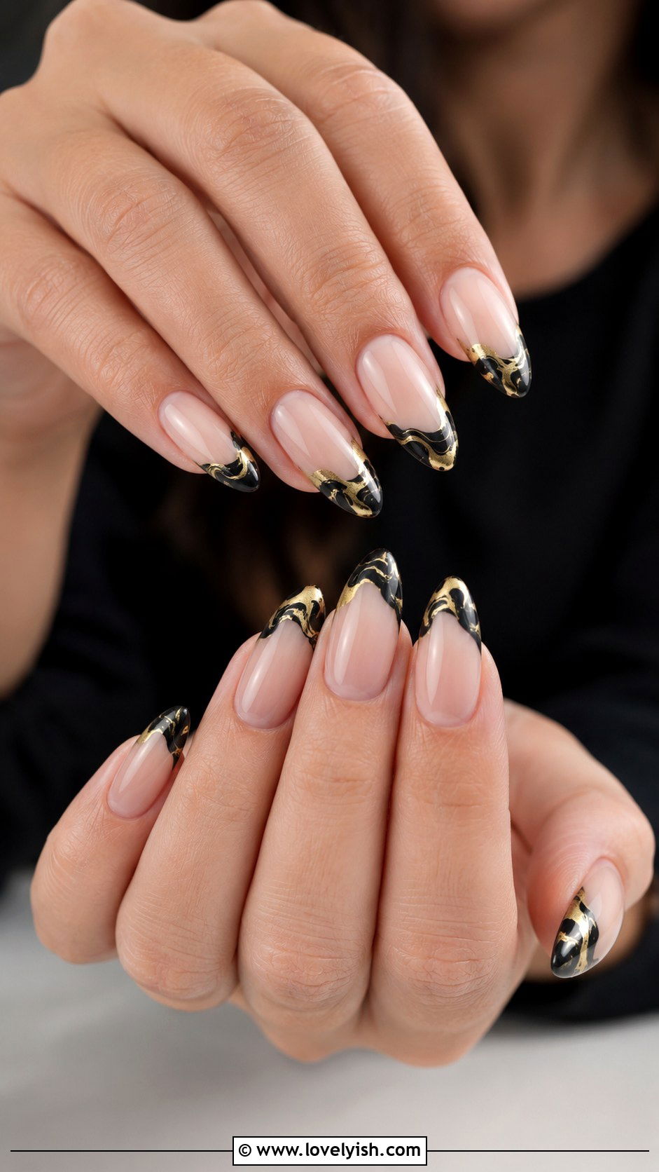 Black and Gold Marble French Tips - 50 black and gold nail designs - 50 black and gold nail designs