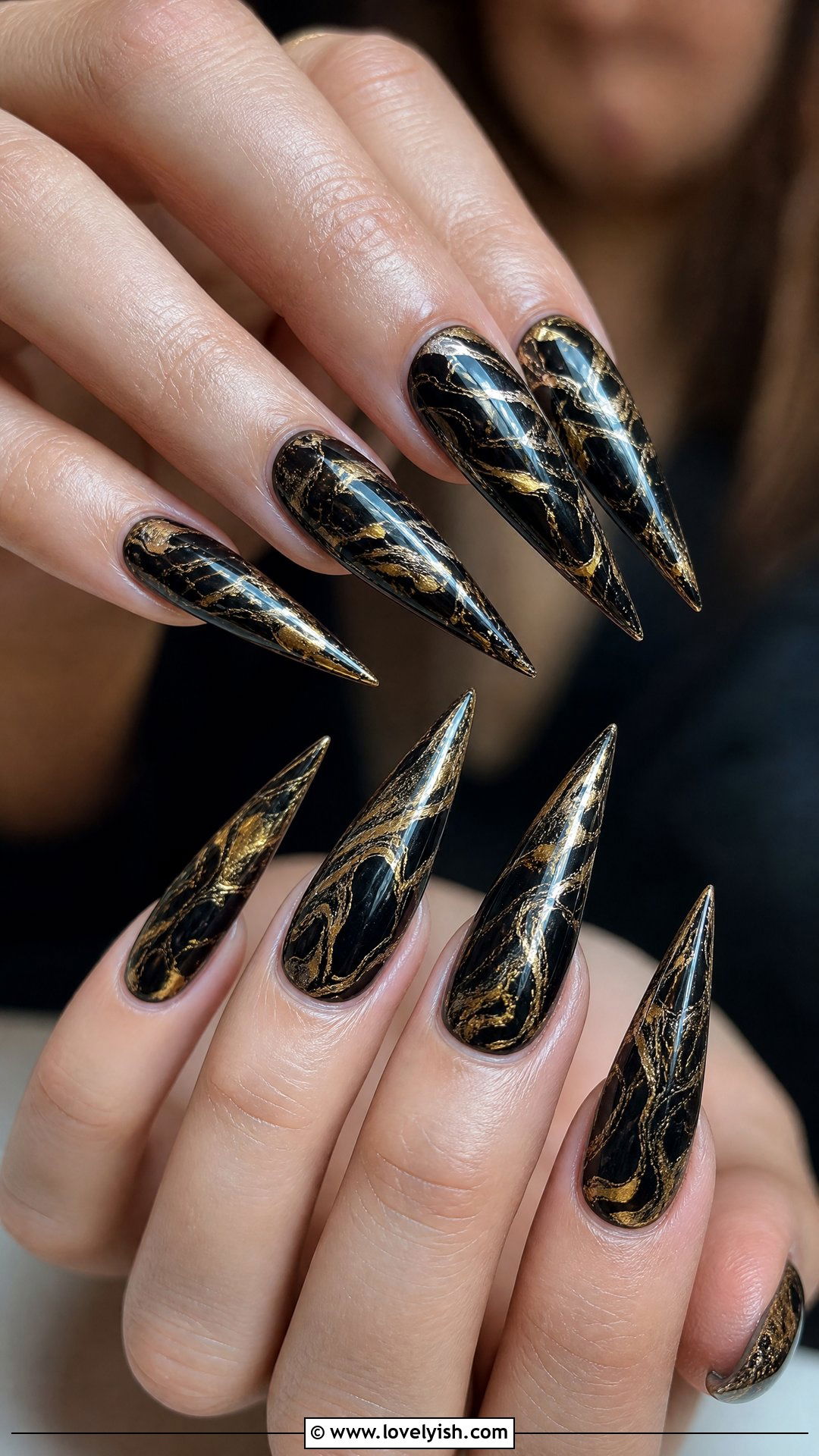 Black and Gold Marble Long Stiletto Nails - 50 long stiletto nails - 50 long stiletto nails