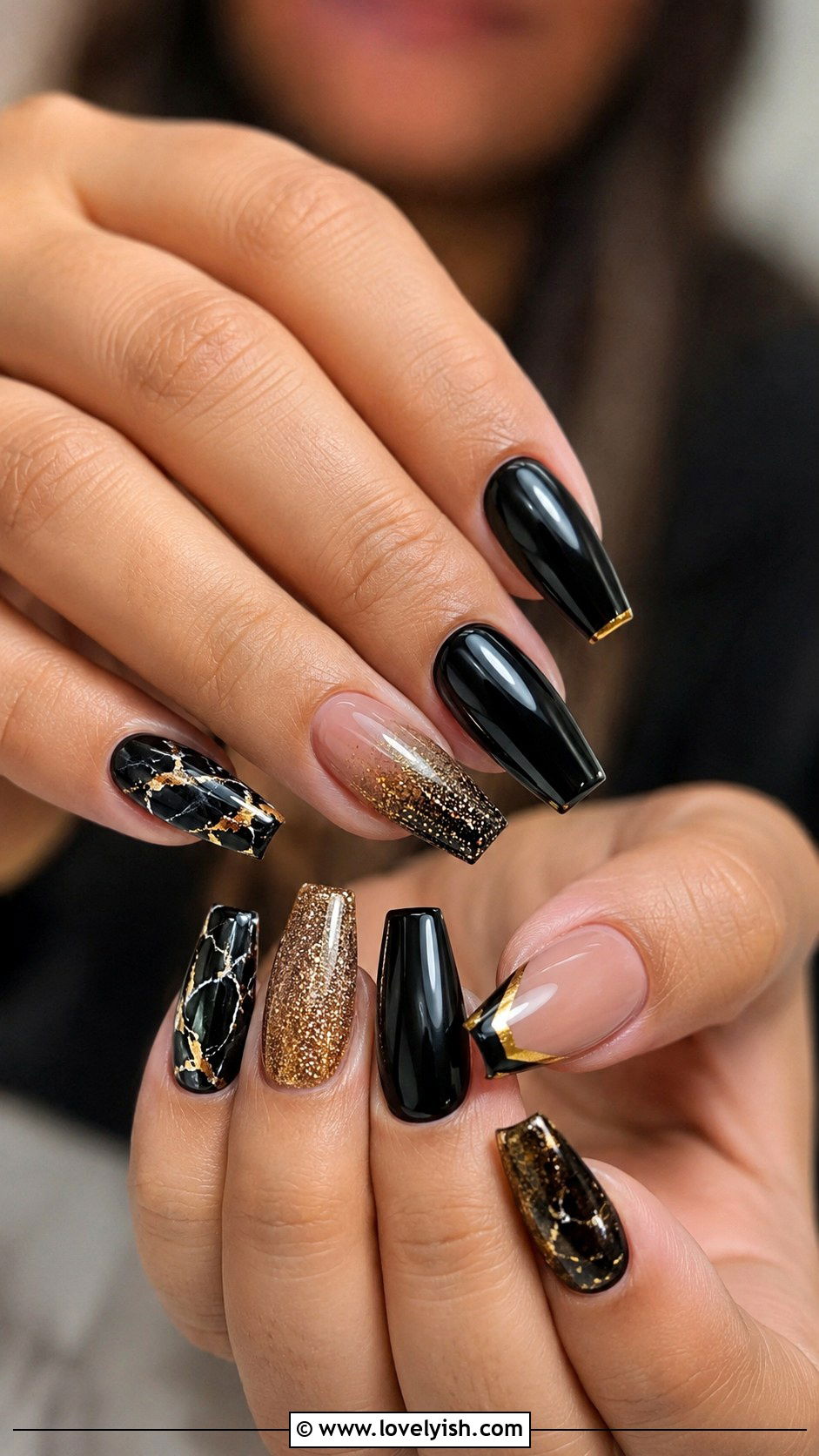 Black and Gold Mismatched Mani Set - 50 black and gold nail designs - 50 black and gold nail designs